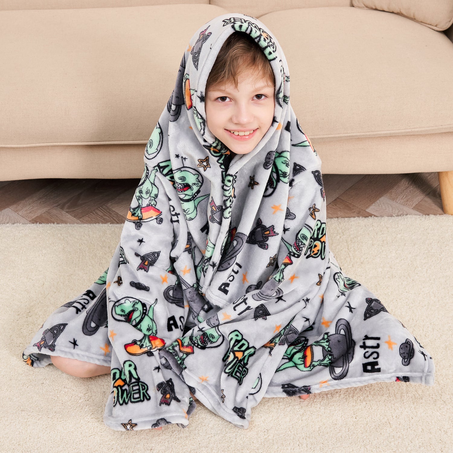 Dinosaur Wearable Fleece Blanket with Sleeves & Foot Pocket for Kids