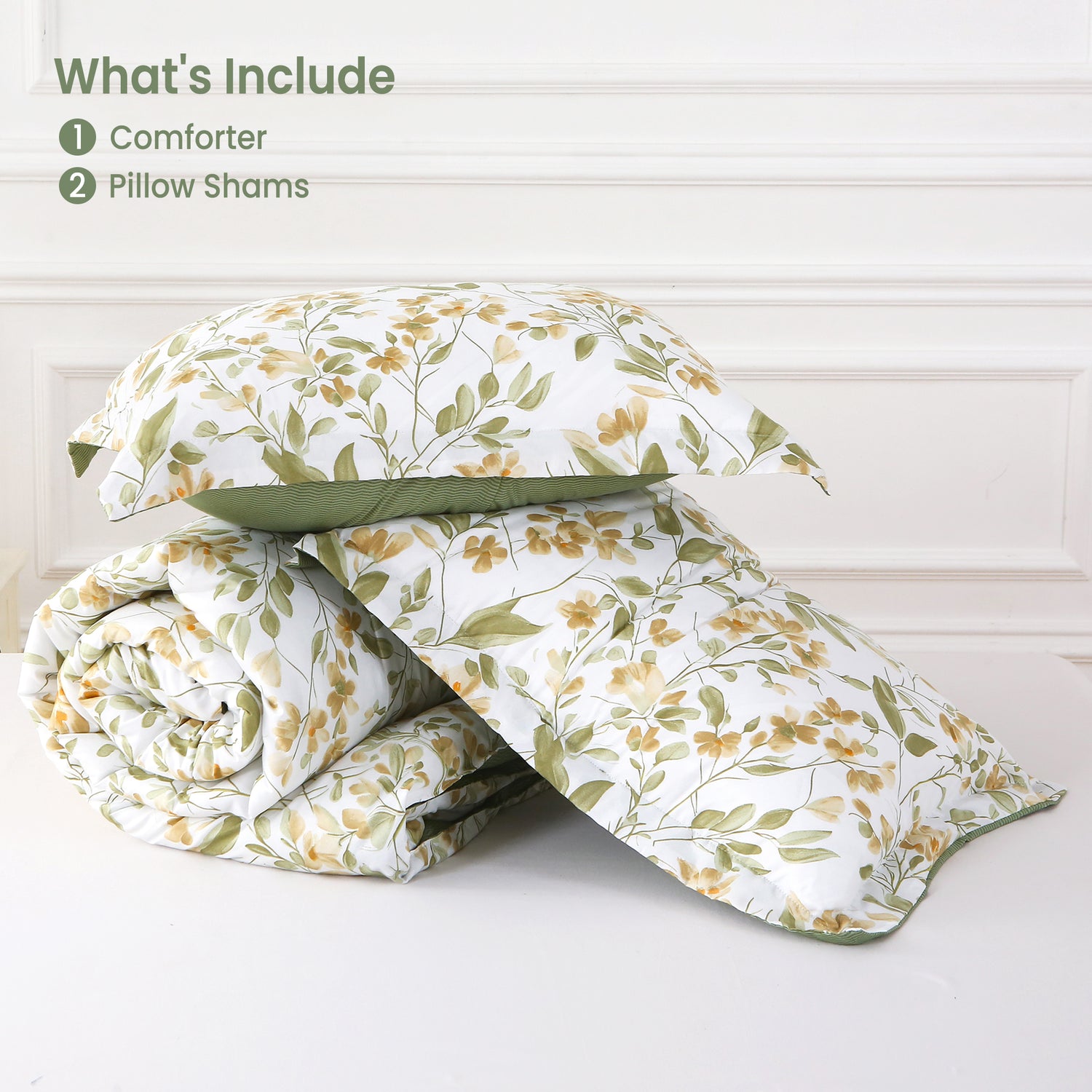 Green Leaveas 3 Pieces Comforter Sets with Pillow Shams