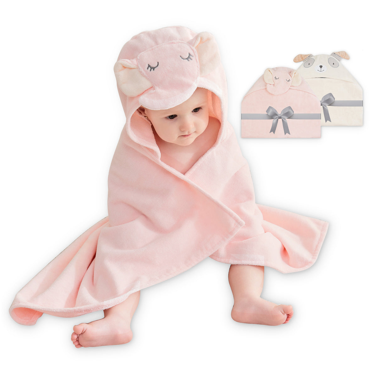 (Pink Elephant & Dog) 2 Pack Cotton Hooded Baby Towels, Extra Thick and Absorbent, 32" * 23"