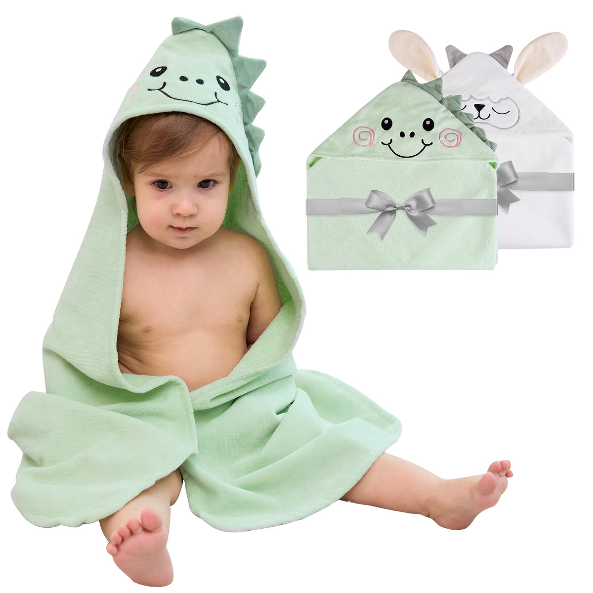 (Sheep & Dinosaur) 2 Pack Cotton Hooded Baby Towels, Extra Thick and Absorbent, 32" * 32"