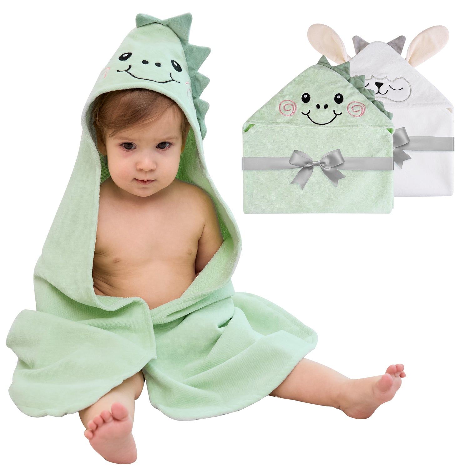 (Sheep & Dinosaur) 2 Pack Cotton Hooded Baby Towels, Extra Thick and Absorbent, 32" * 32"