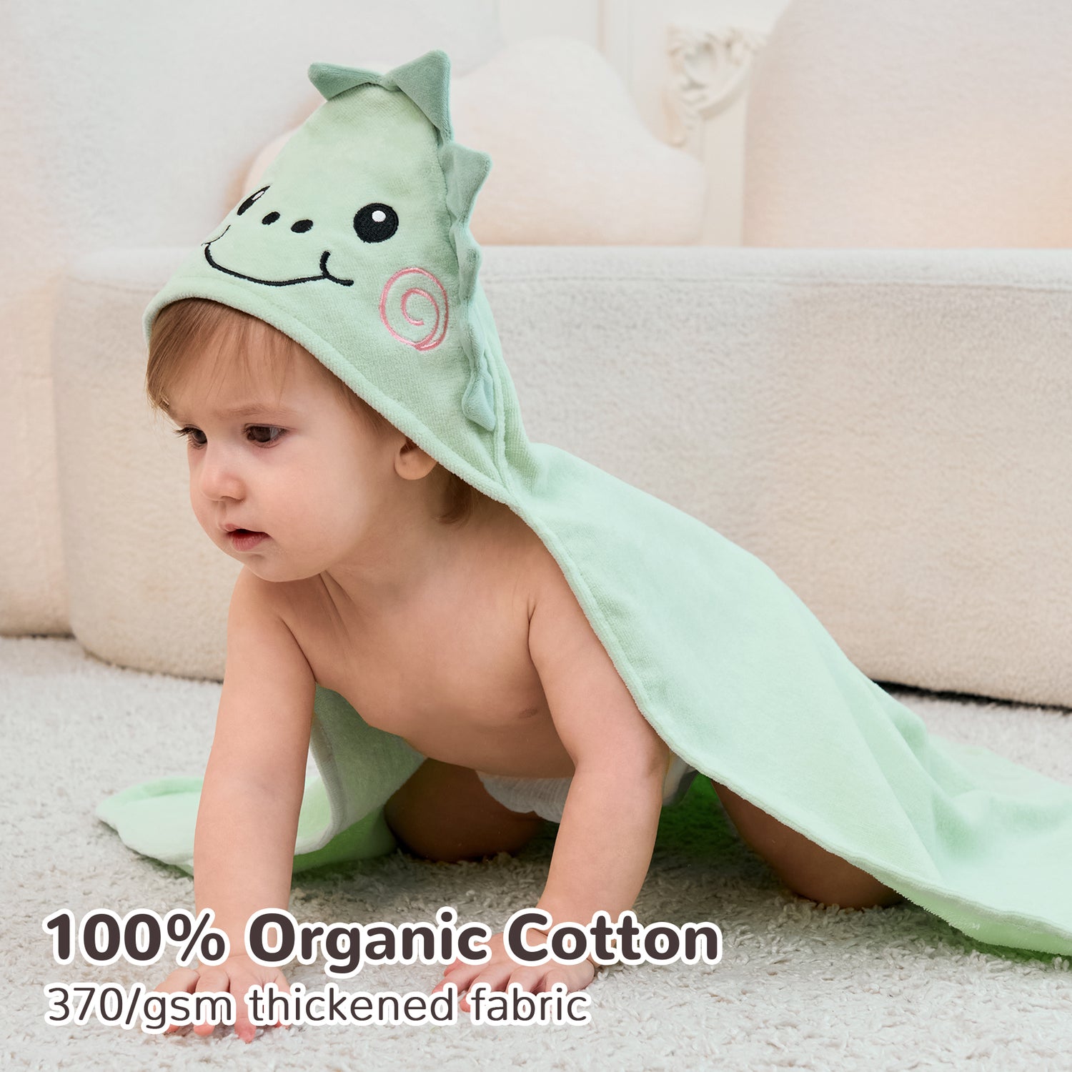 (Dinosaur & Cat) 2 Pack Cotton Hooded Baby Towels, Extra Thick and Absorbent, 32" * 32"