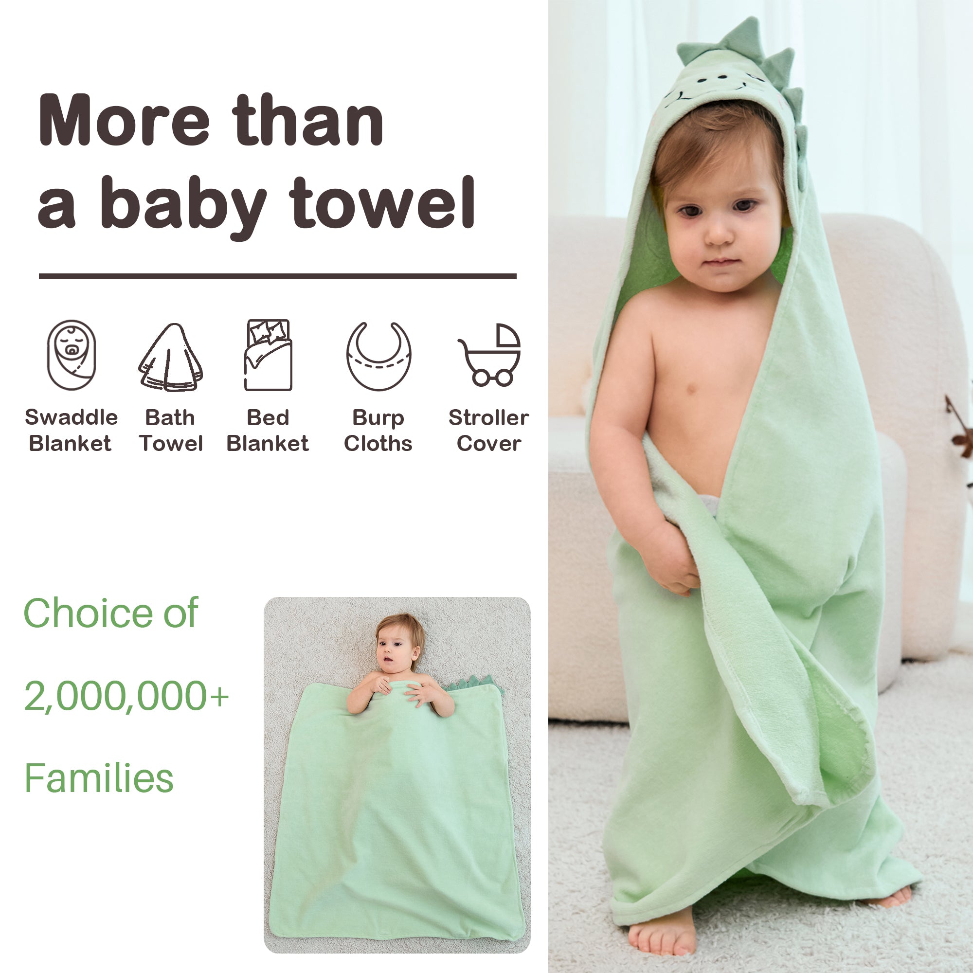 (Sheep & Dinosaur) 2 Pack Cotton Hooded Baby Towels, Extra Thick and Absorbent, 32" * 32"