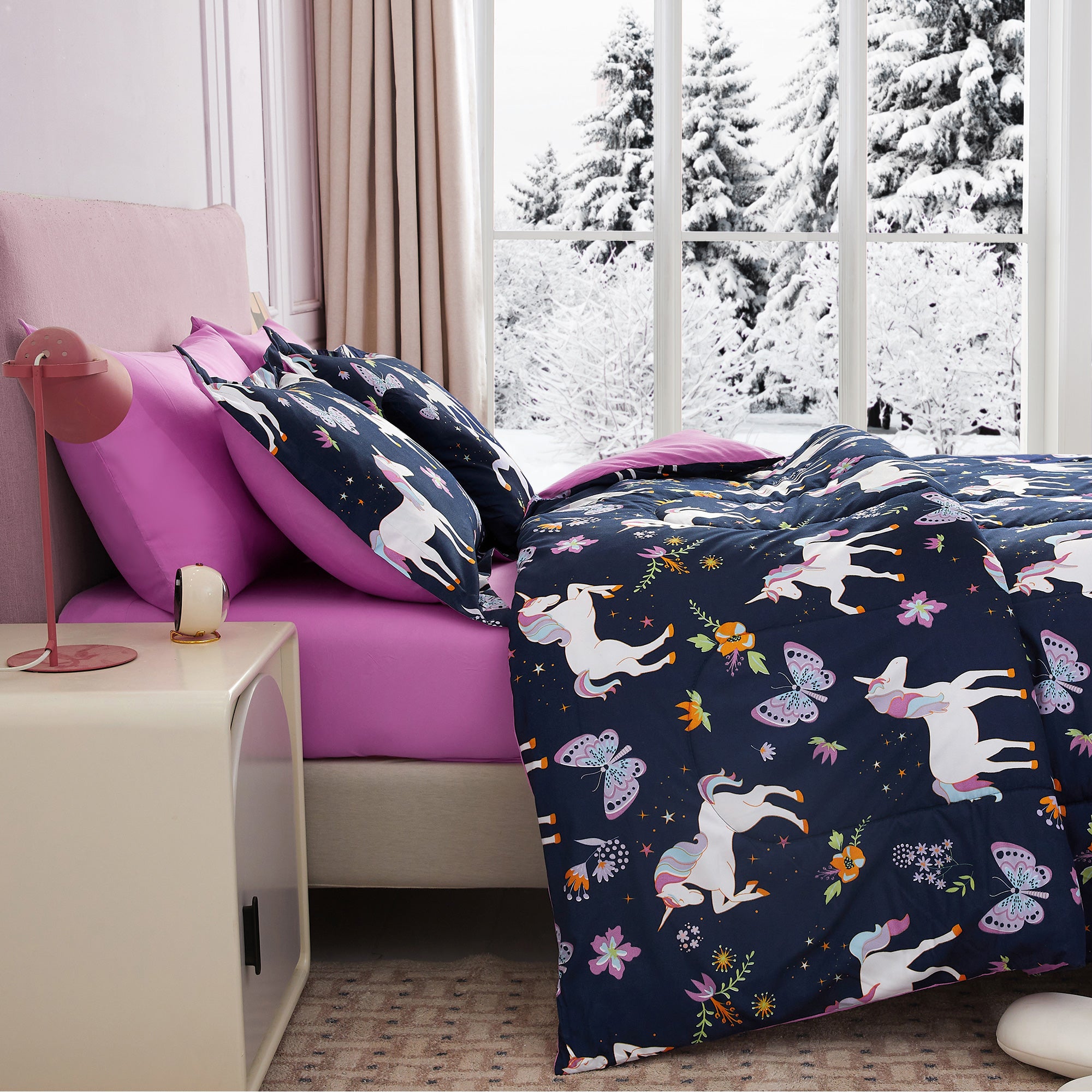 Purple Pink Unicorn Kids Comforter Sets– 6 or 8 Piece Options