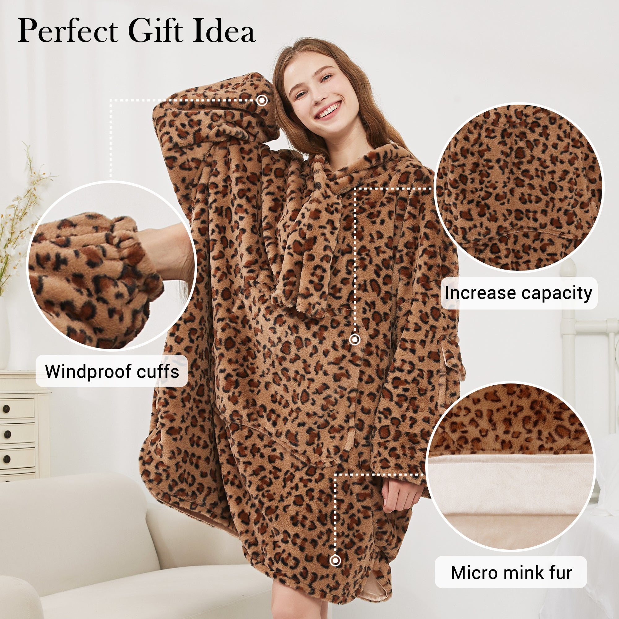 Leopard Blanket Hoodie Oversized Super Soft Warm Giant Pullover with Large Front Pocket,Gifts for Women Men Teenagers