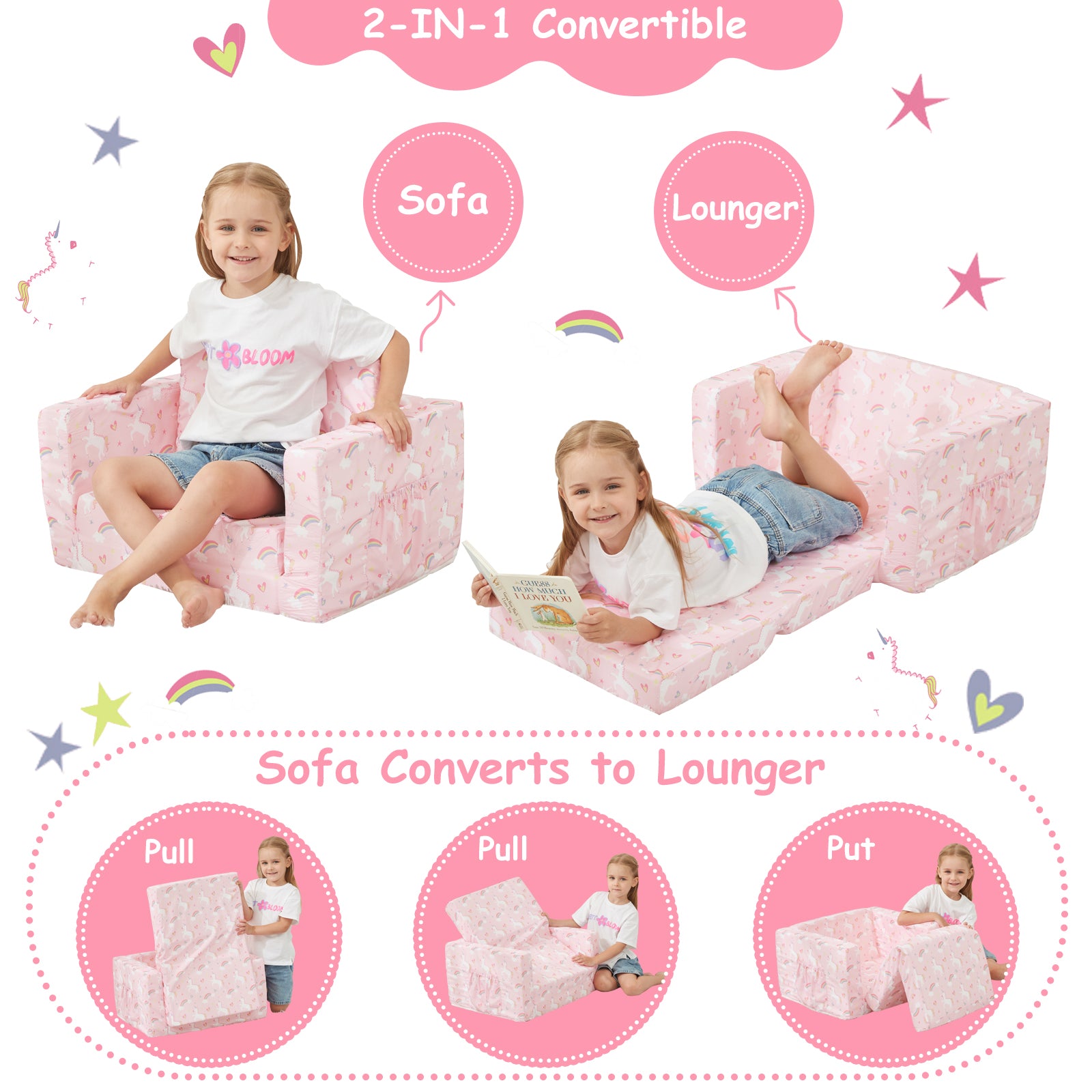 Pink Unicorn 2-in-1 Soft Toddler Couch Fold Out