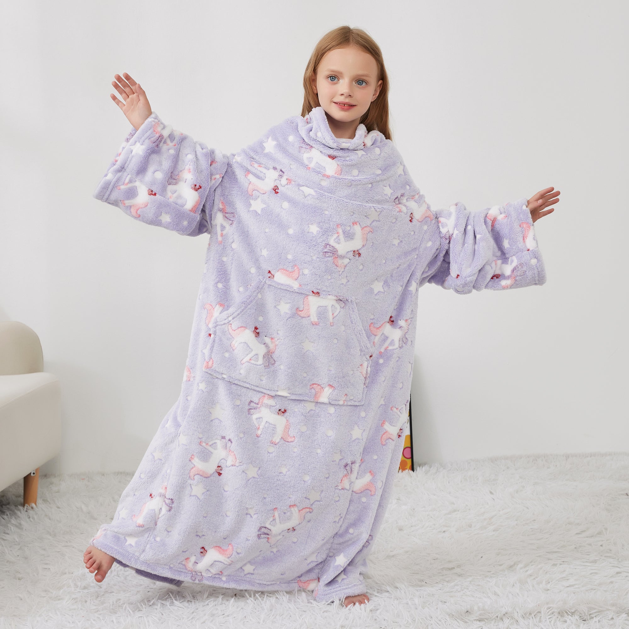 Glowing Unicorn Wearable Fleece Blanket with Sleeves & Foot Pocket for Kids