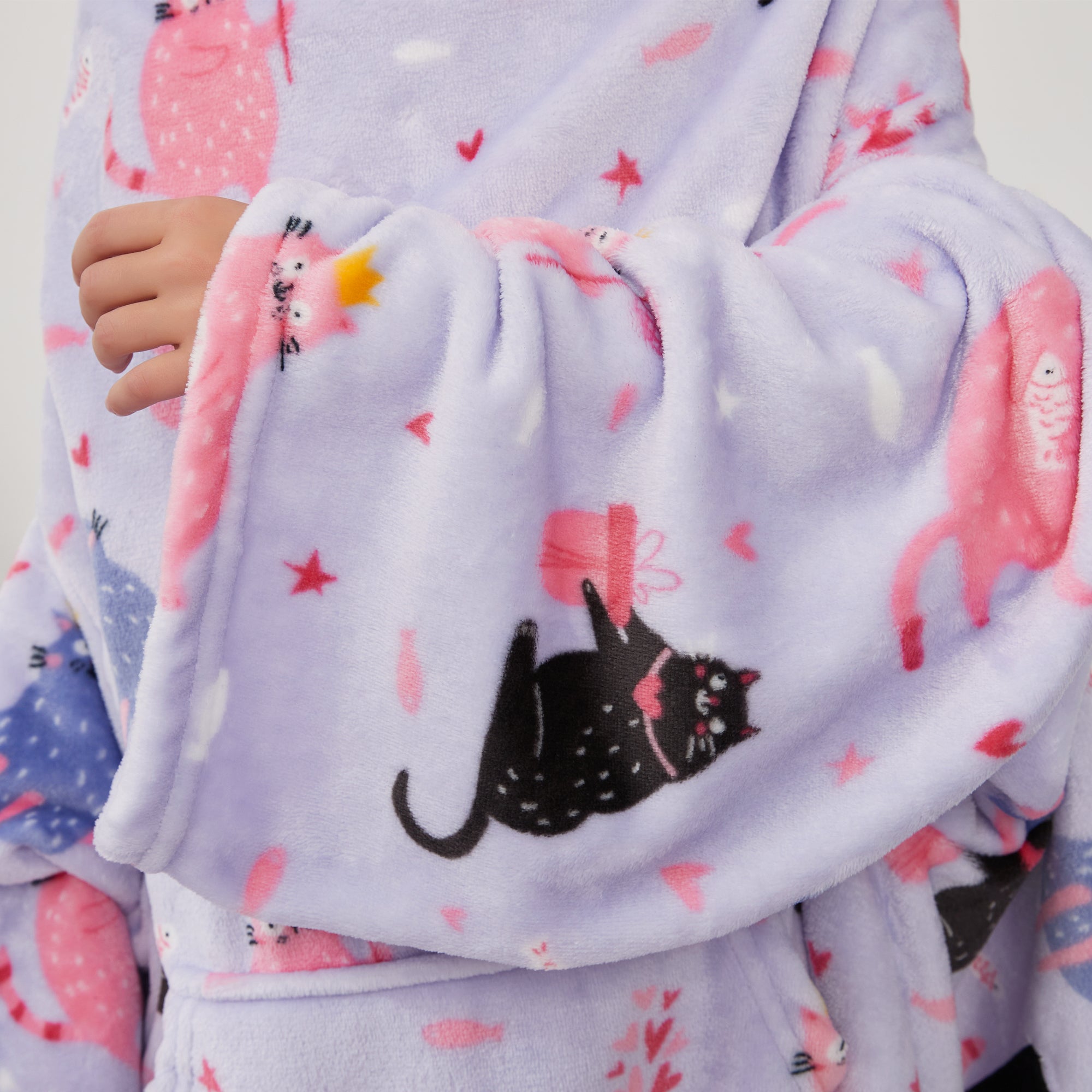 Cat Wearable Fleece Blanket with Sleeves & Foot Pocket for Kids