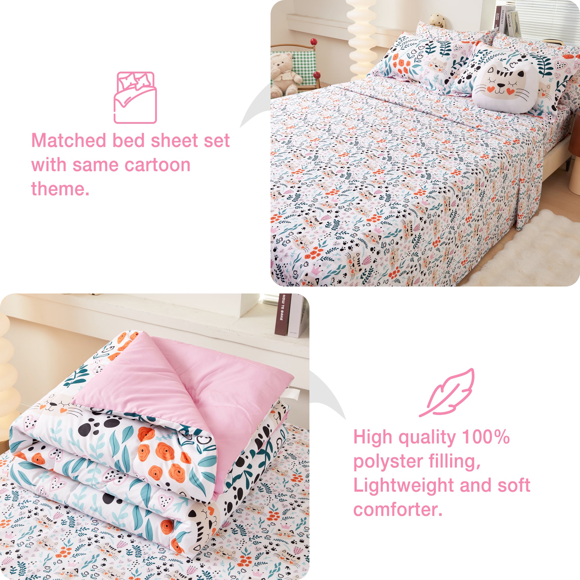 Flower and Cat Comforter Sets for Kids– 6 or 8 Piece Options