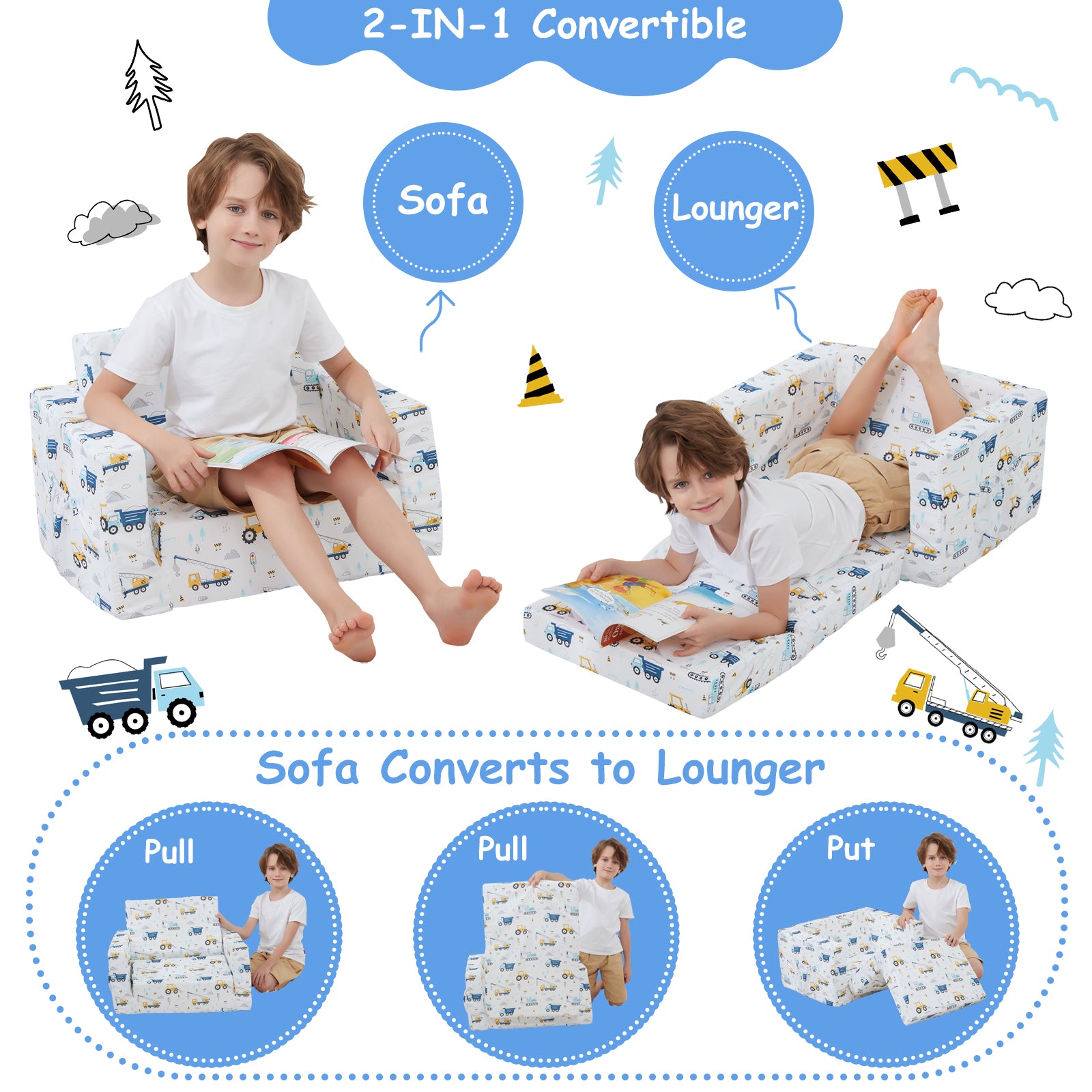 Blue Whale 2-in-1 Soft Toddler Couch Fold Out