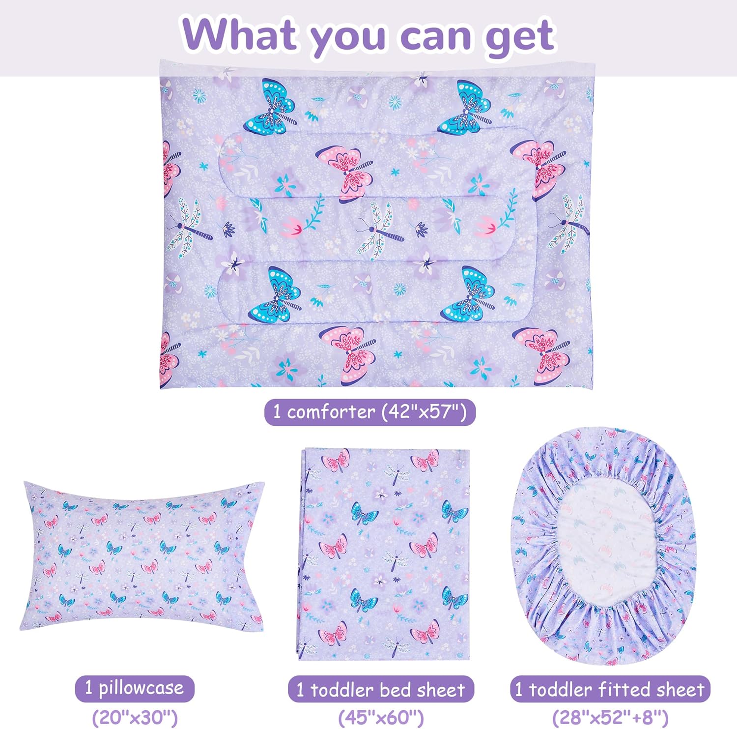 Purple Butterfly Toddler Comforter Set– 4 Piece