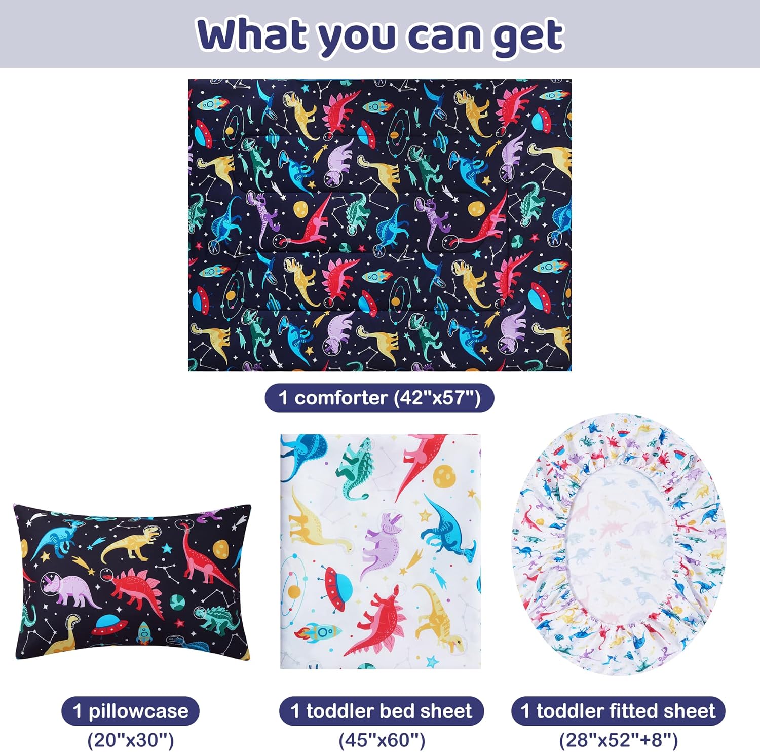 Space Dinosaur Printed Toddler Comforter Set– 4 Piece