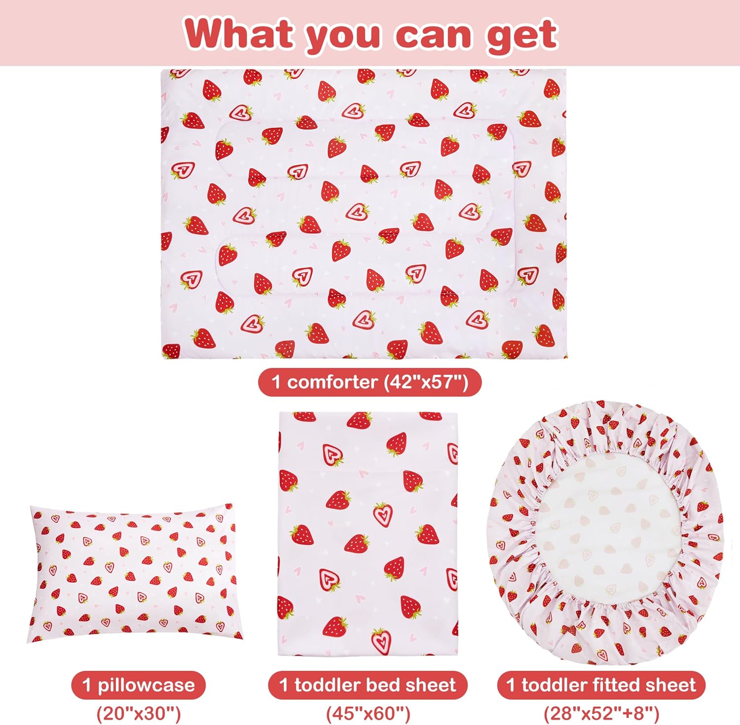 Prink Strawberry Printed Toddler Comforter Set– 4 Piece