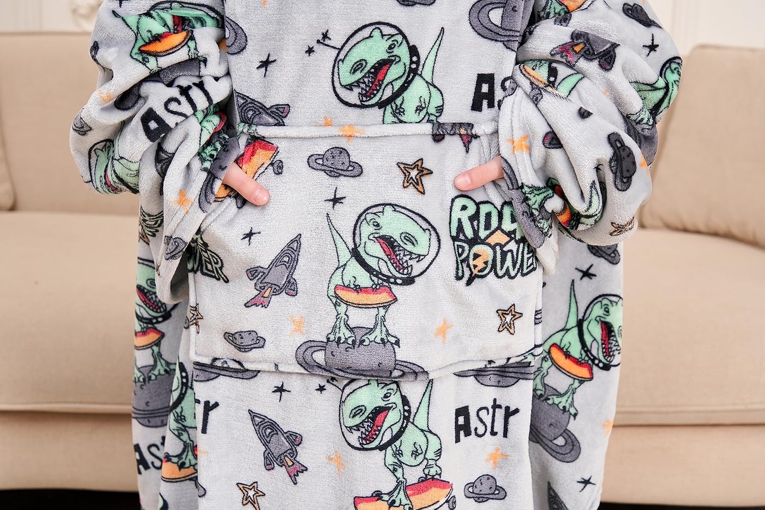 Kids Snuggies Wearable Fleece Blanket with Sleeves & Foot Pocket for Kids Boys Girls Children,Lightweight Soft Blanket with Sleeves and Hook & Loop 48" x 48" Dinosaur