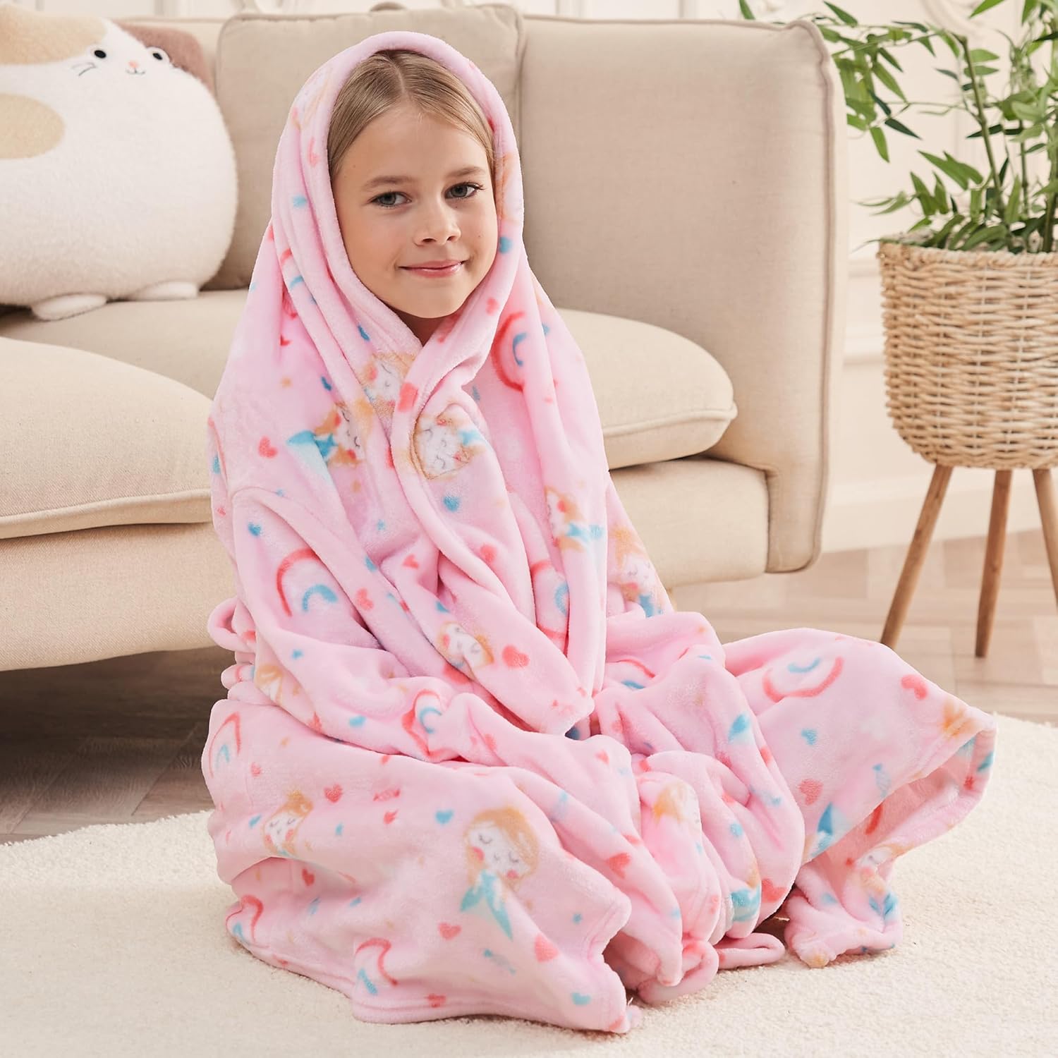 Princess Kids Snuggies Wearable Fleece Blanket with Sleeves & Foot Pocket for Kids Boys Girls Children,Lightweight Soft Blanket with Sleeves and Hook & Loop 48" x 48"