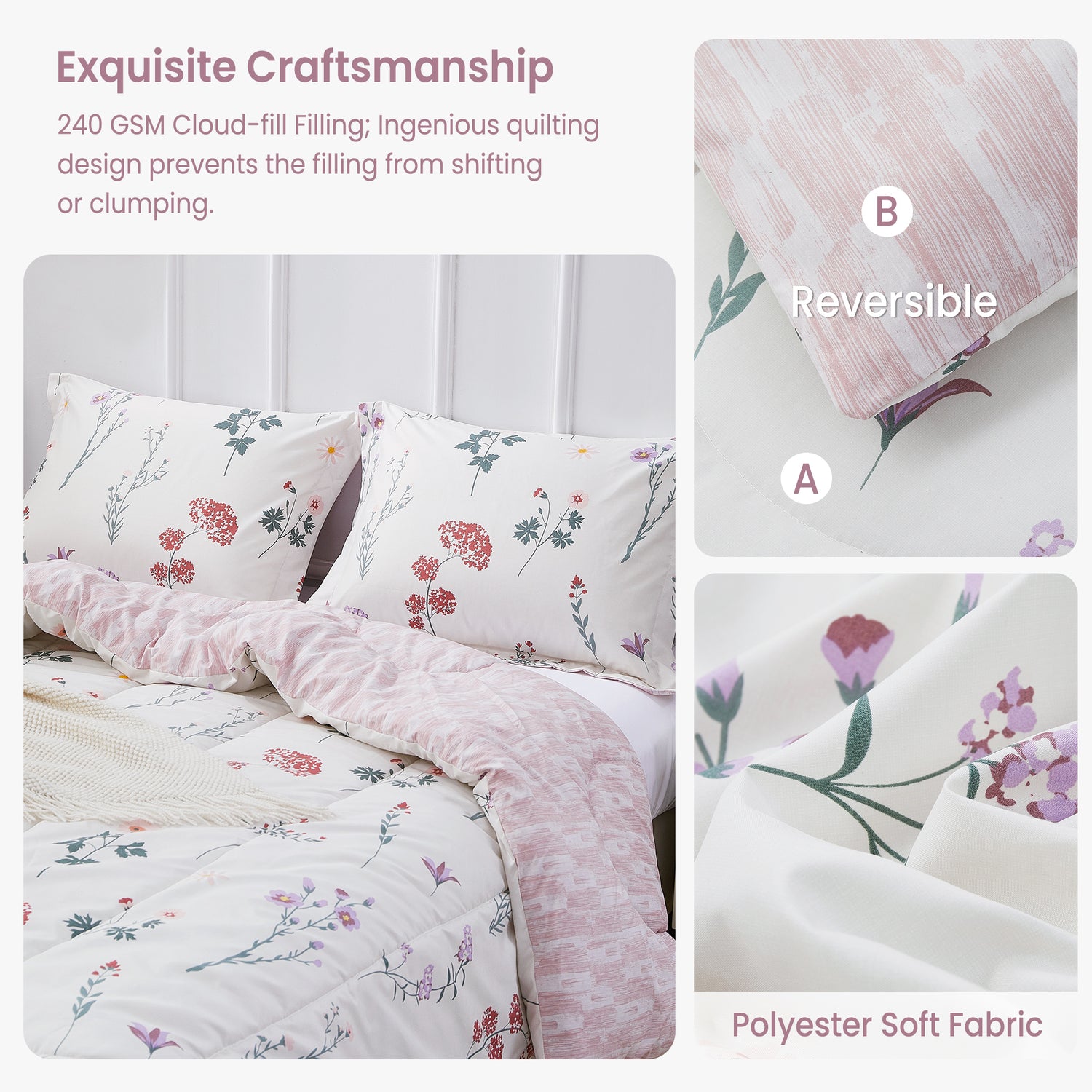 White Flower 3 Pieces Comforter Sets with Pillow Shams
