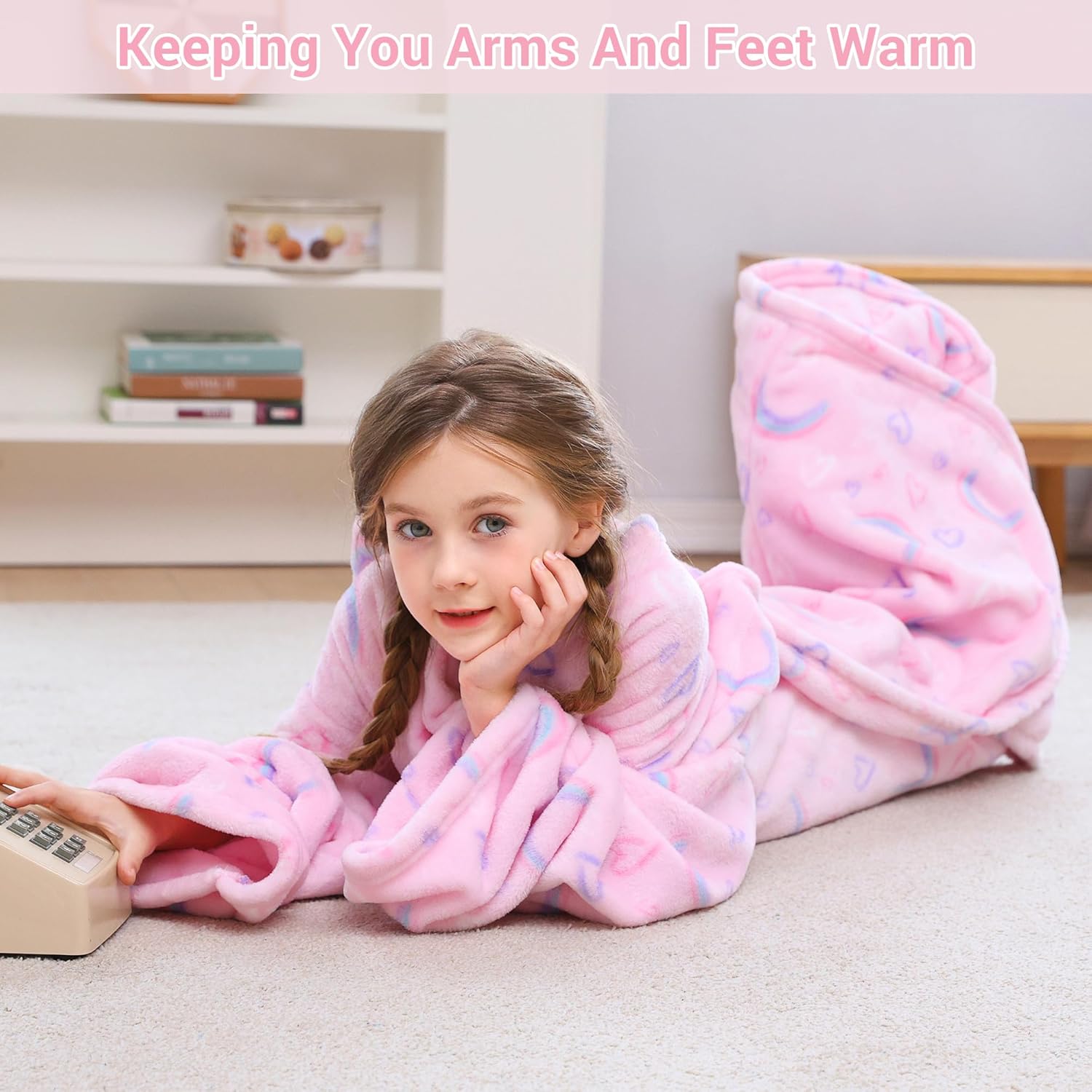 Pink Rainbow Kids Wearable Fleece Blanket with Sleeves & Foot Pocket