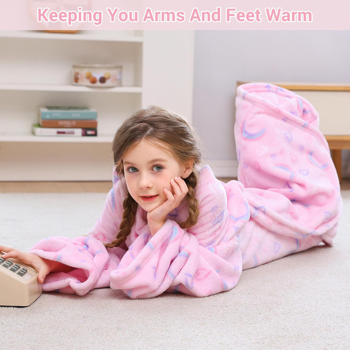Pink Rainbow Kids Wearable Fleece Blanket with Sleeves & Foot Pocket
