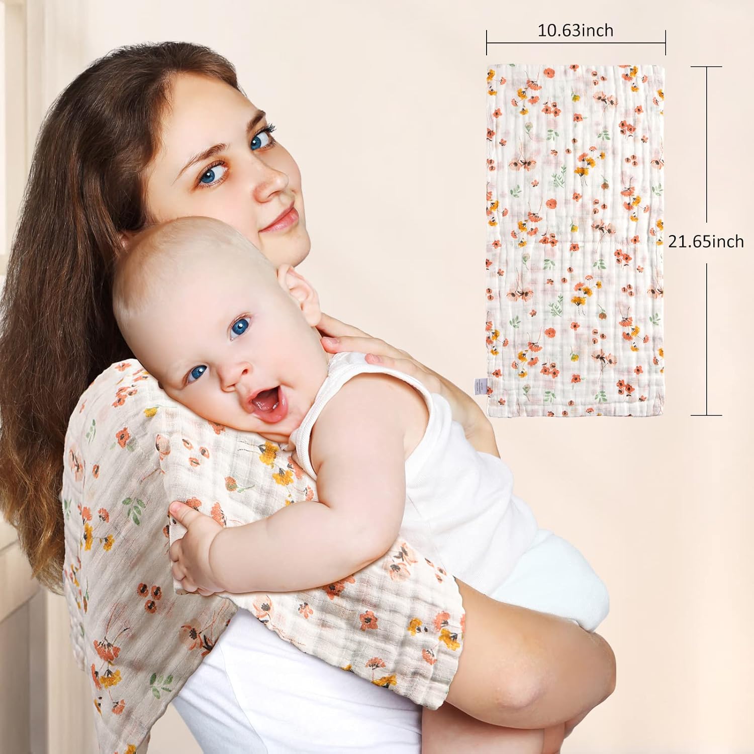 Green Floral Baby Muslin Burp Cloths 10" x 20" 4 Pack