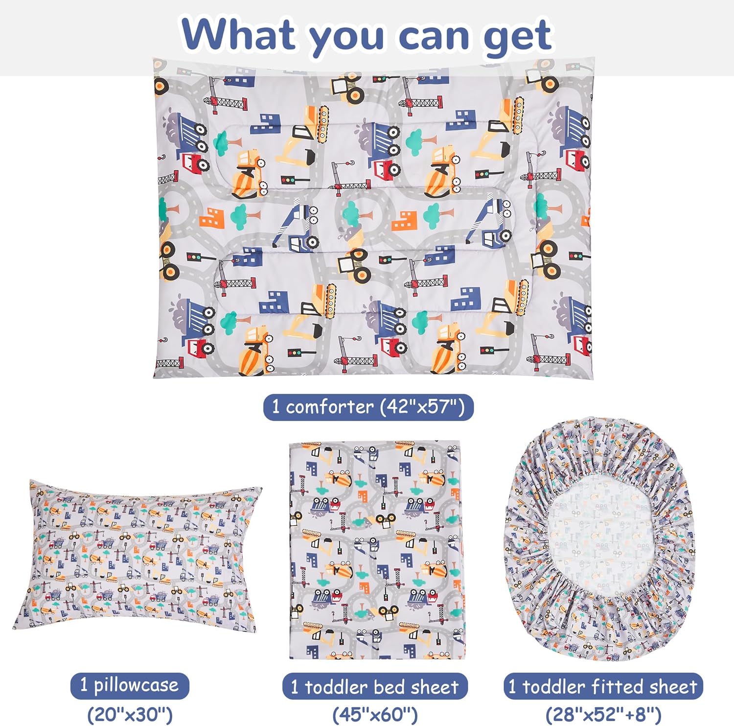 Busy Construction Toddler Comforter Set– 4 Piece