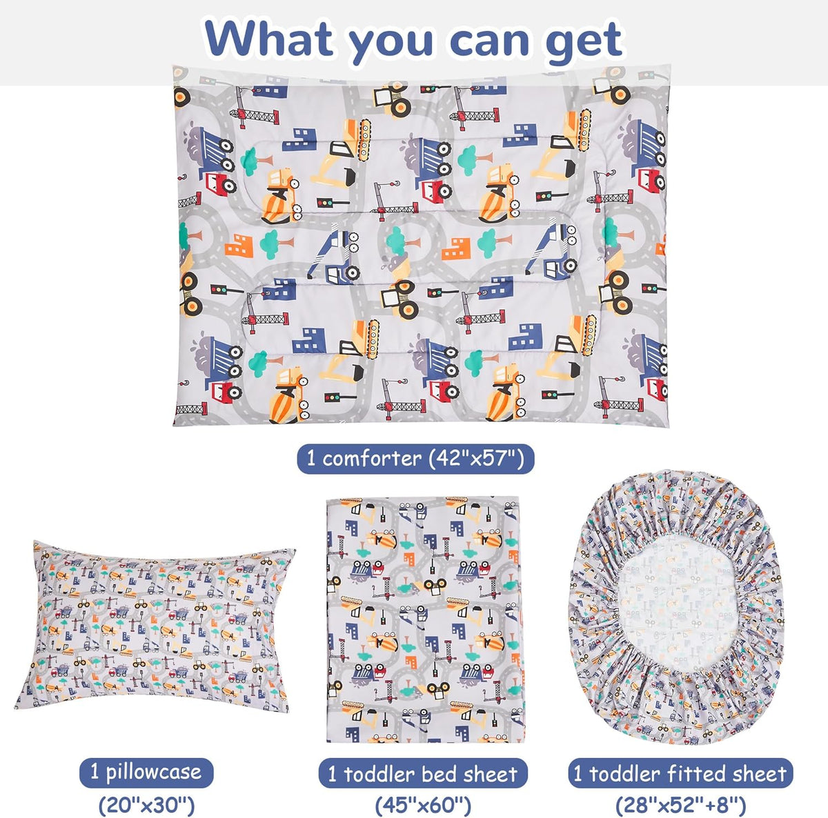 Busy Construction Toddler Comforter Set– 4 Piece