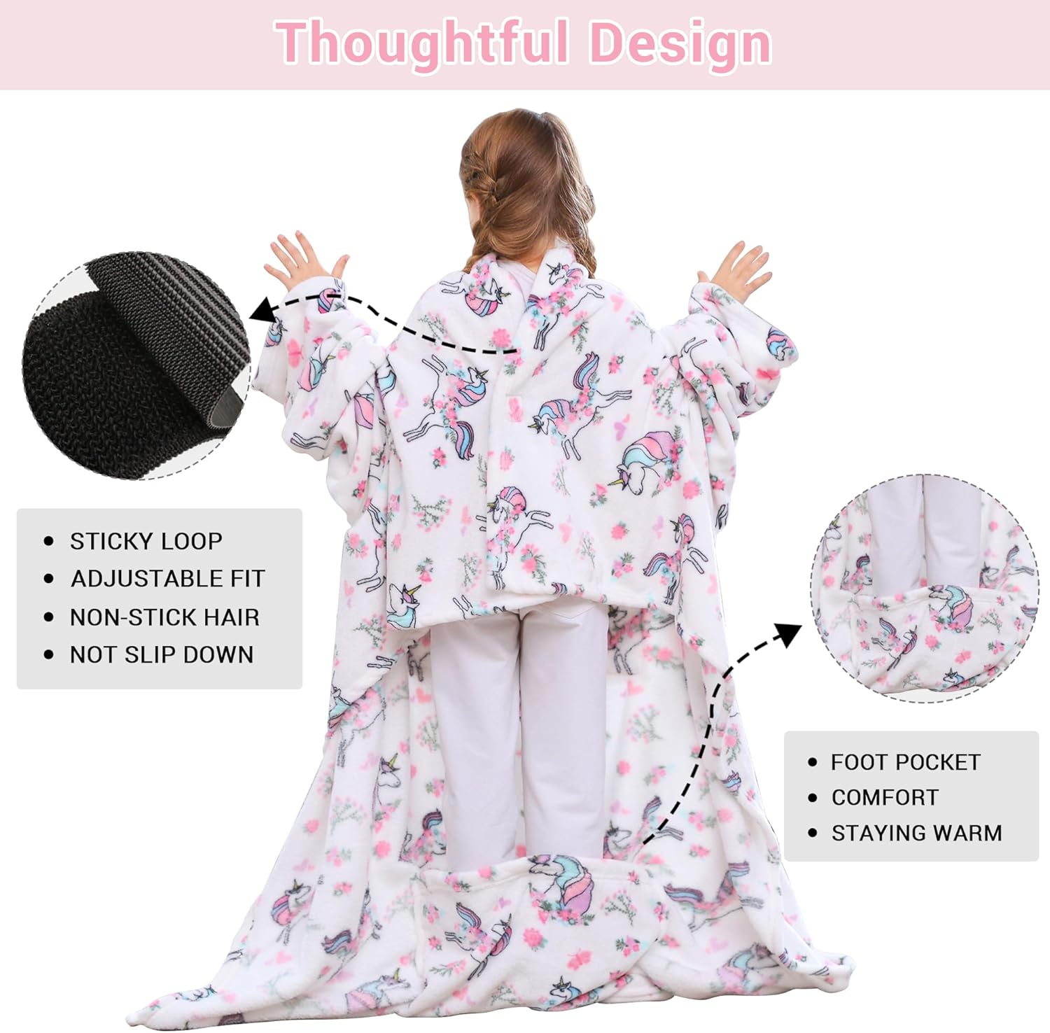 White Unicorn Kids Wearable Fleece Blanket with Sleeves & Foot Pocket