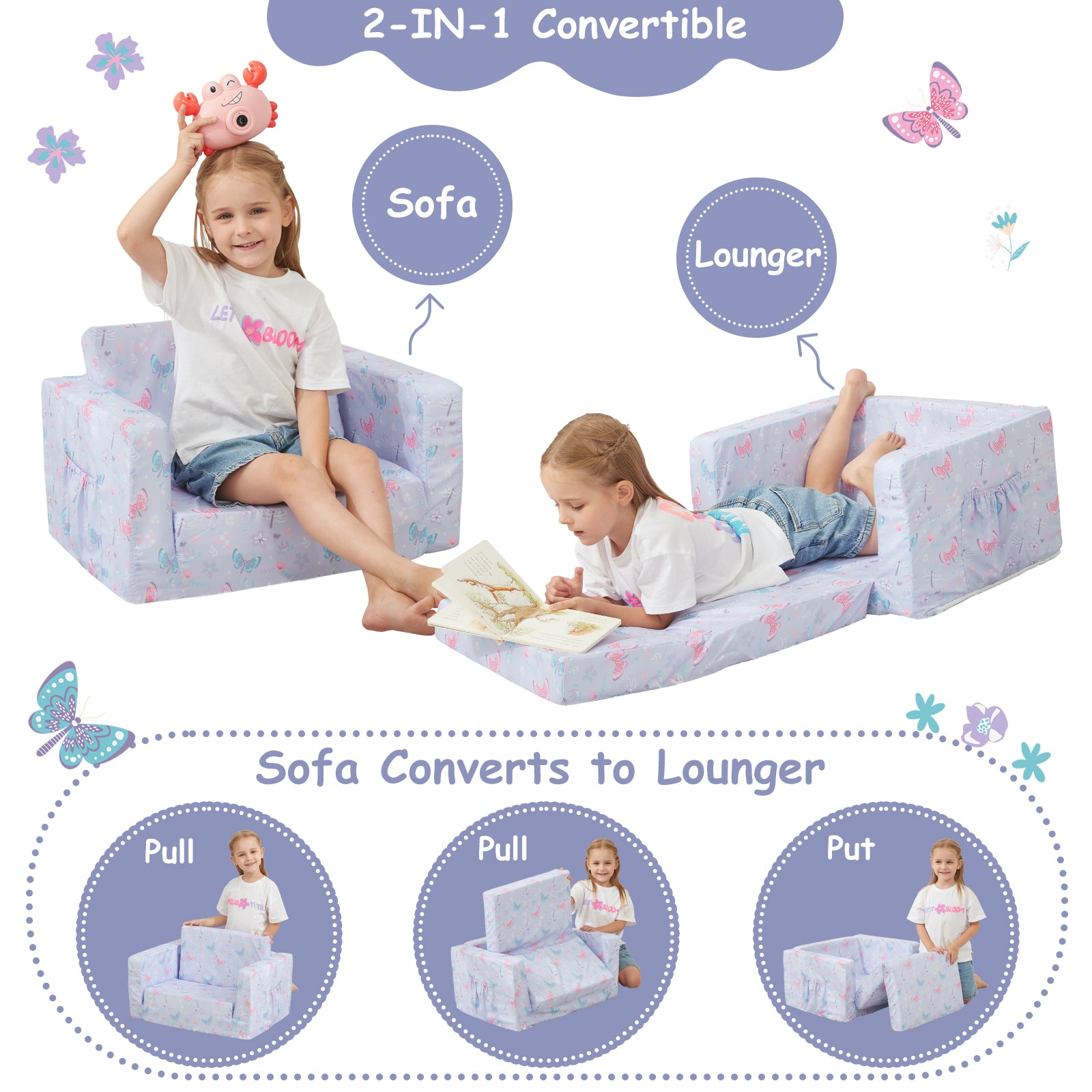 Purple Butterfly 2-in-1 Soft Toddler Couch Fold Out
