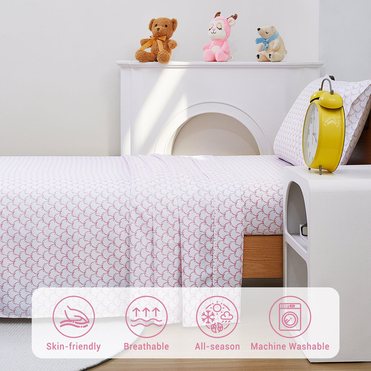 Bow Pop Playtime Kids Bed Sheet Set Deep Pocket Double Brushed Microfiber