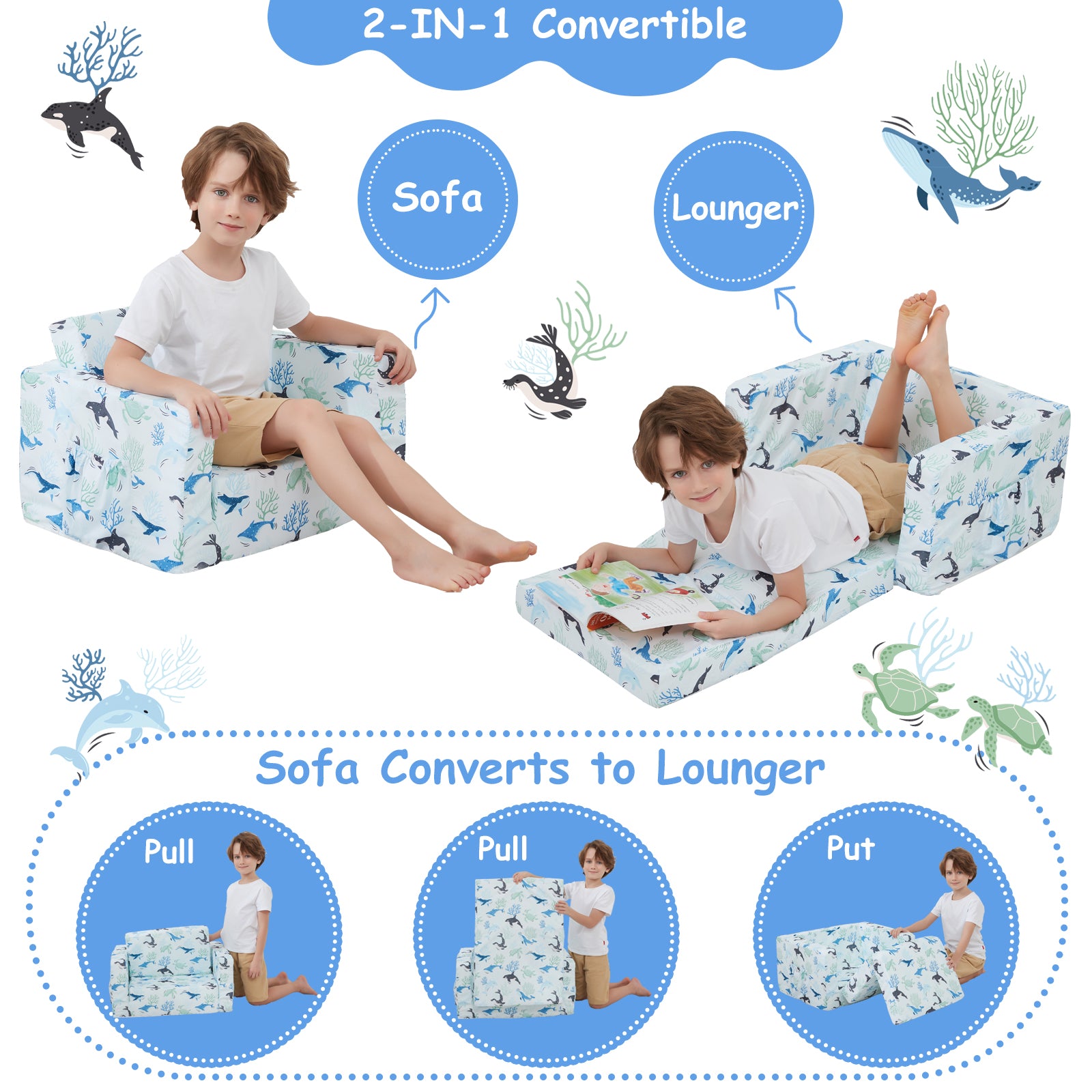 White Bottom Excavator 2-in-1 Soft Toddler Couch Fold Out