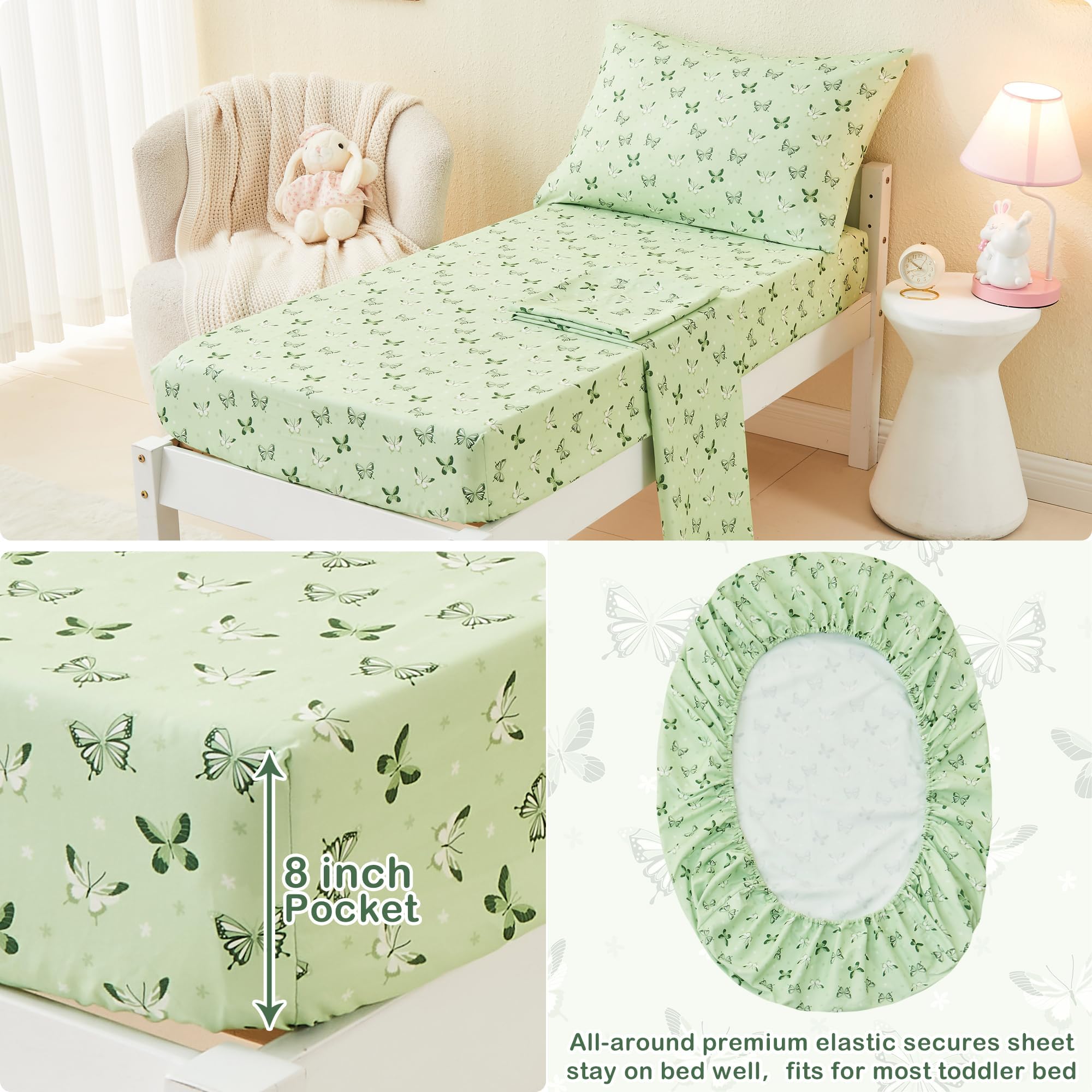 Sage Green Butterfly Toddler Comforter Set– 4 Piece