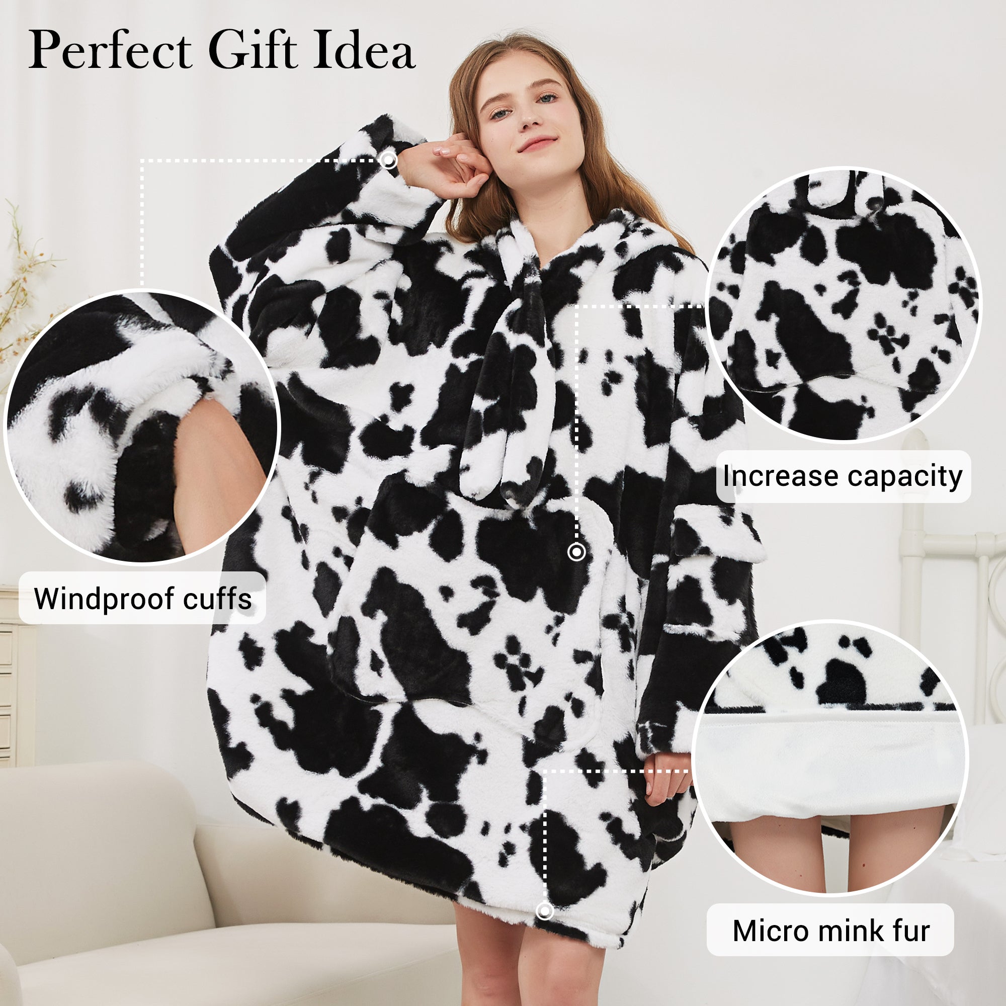 Black Cow Print Blanket Hoodie Oversized Super Soft Warm Giant Pullover with Large Front Pocket,Gifts for Women Men Teenagers