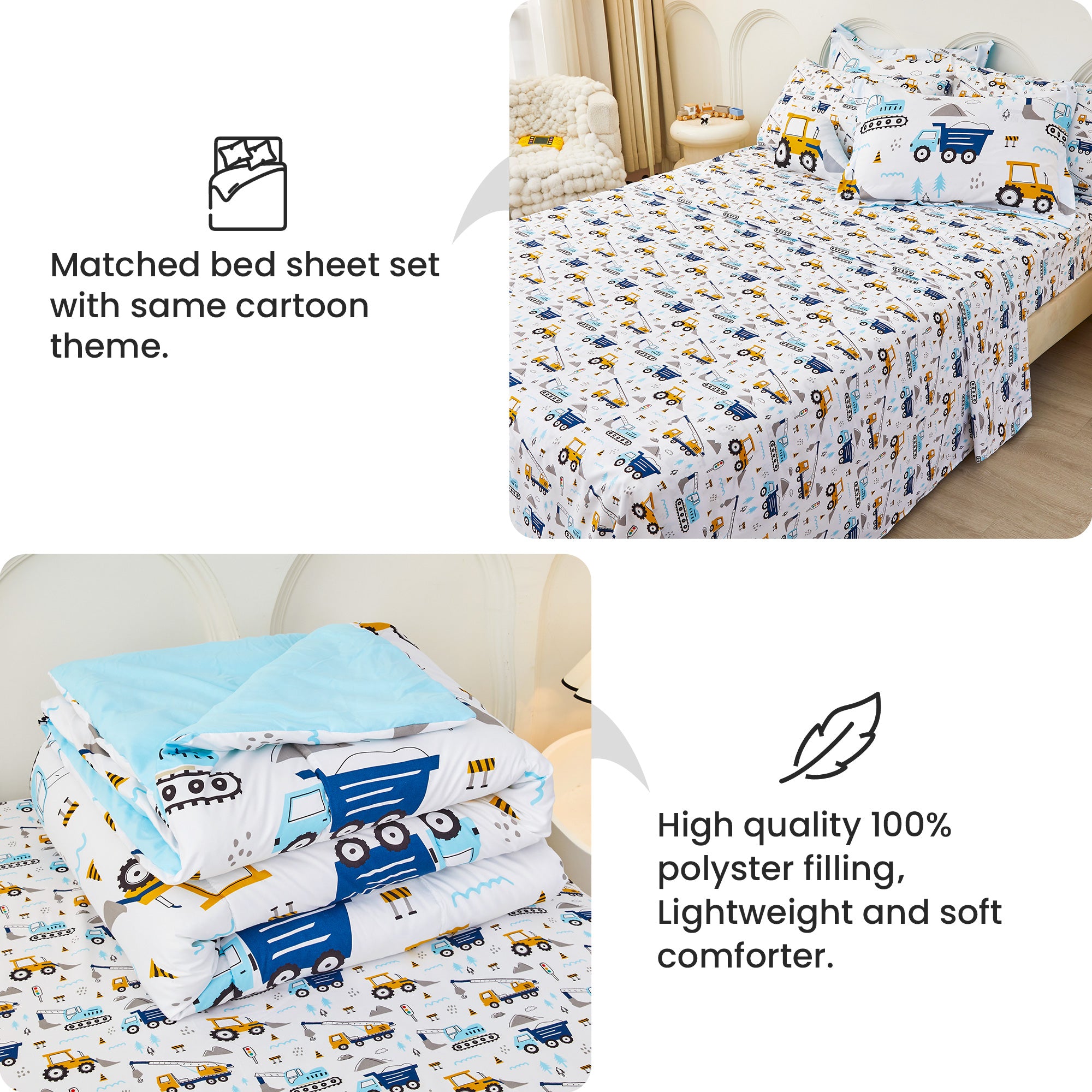 Construction Truck Bedding Set for Kids– 6 or 8 Piece Options