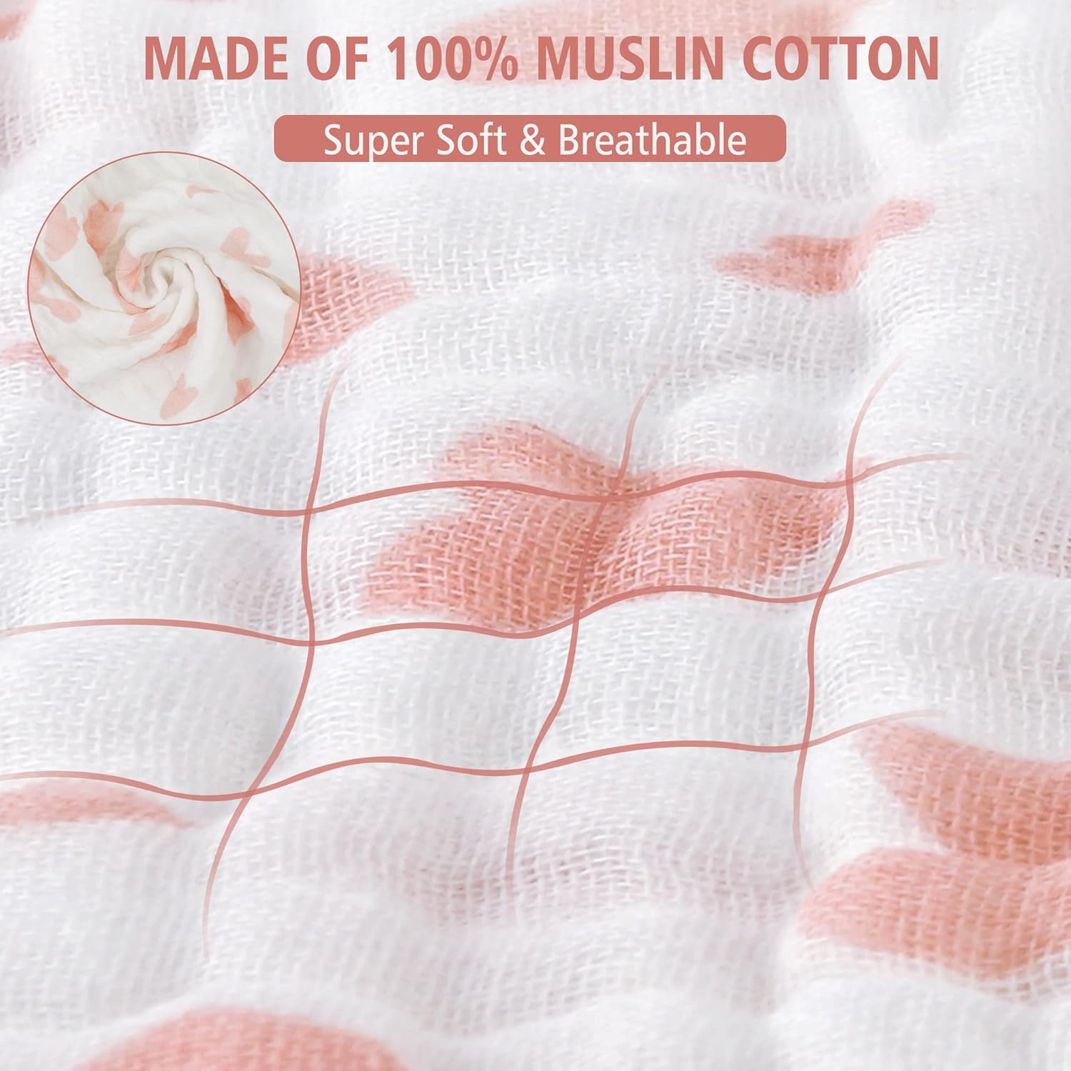 Pink Heart Baby Muslin Burp Cloths 10" x 20" 4 Pack
