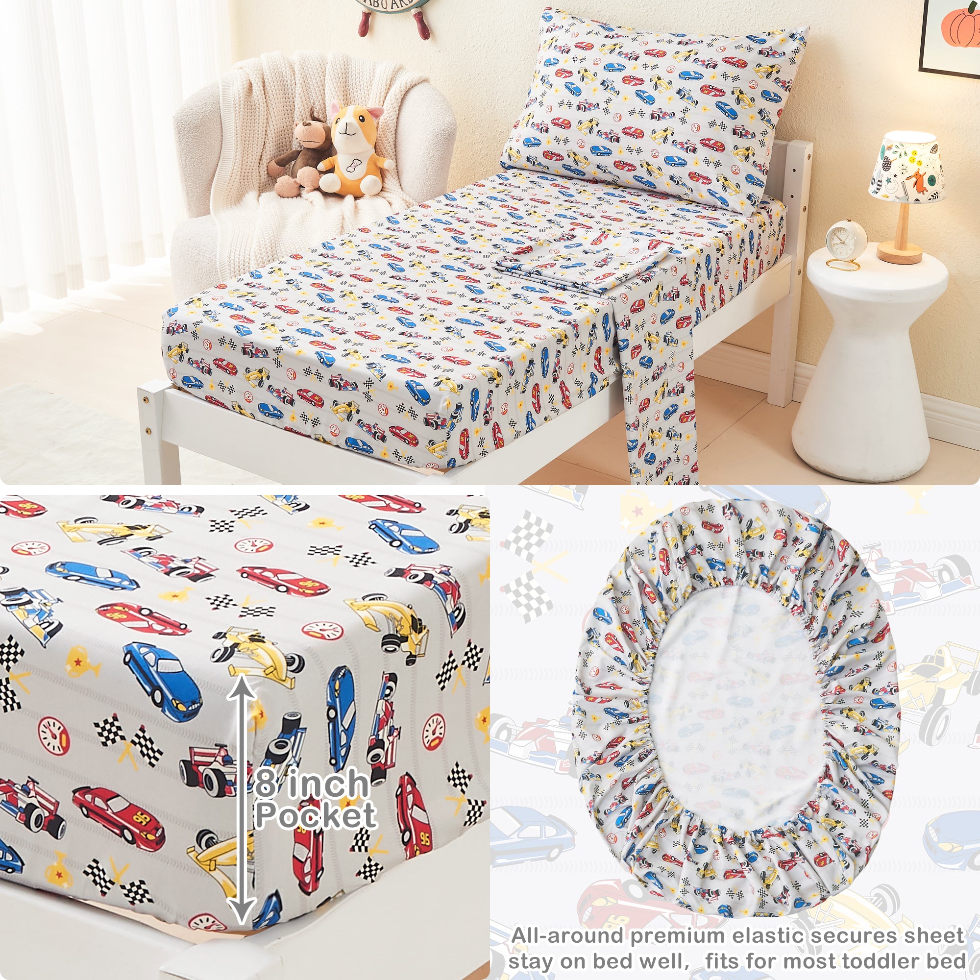 Race Cars Toddler Comforter Set– 4 Piece