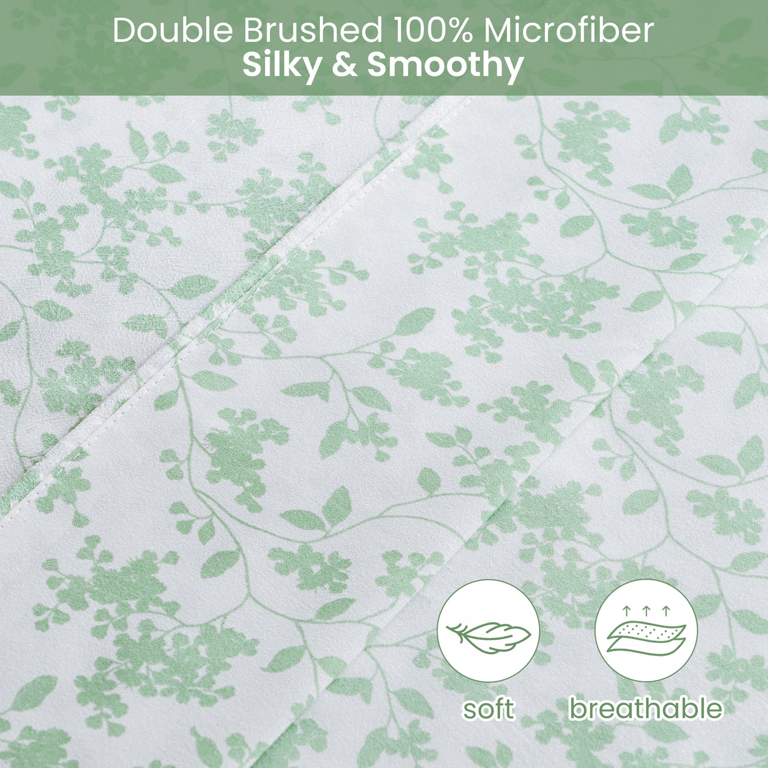 Tender Sage Green Leaflet Print Bed Sheet Set with Non-slip Straps