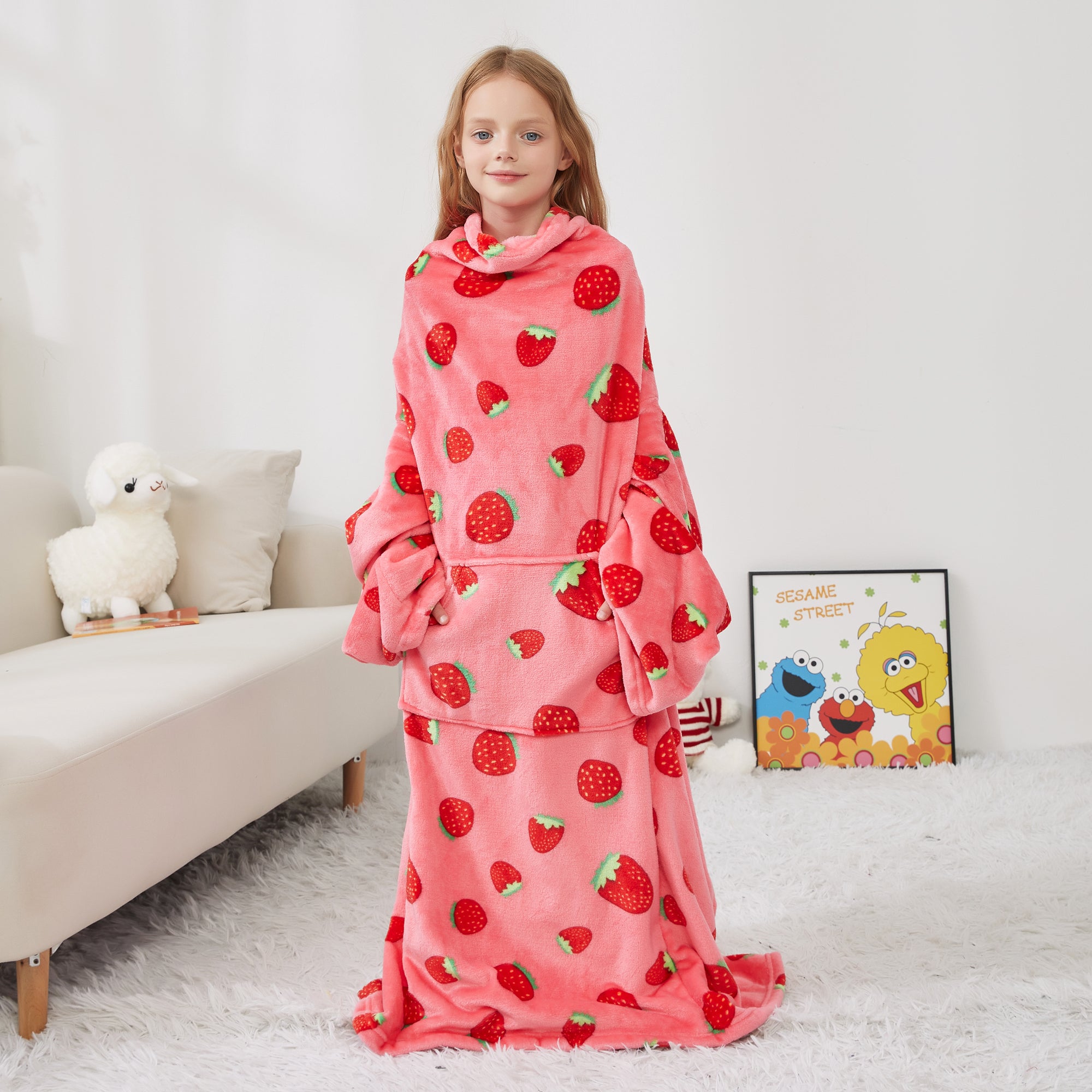 Strawberry Wearable Fleece Blanket with Sleeves & Foot Pocket for Kids