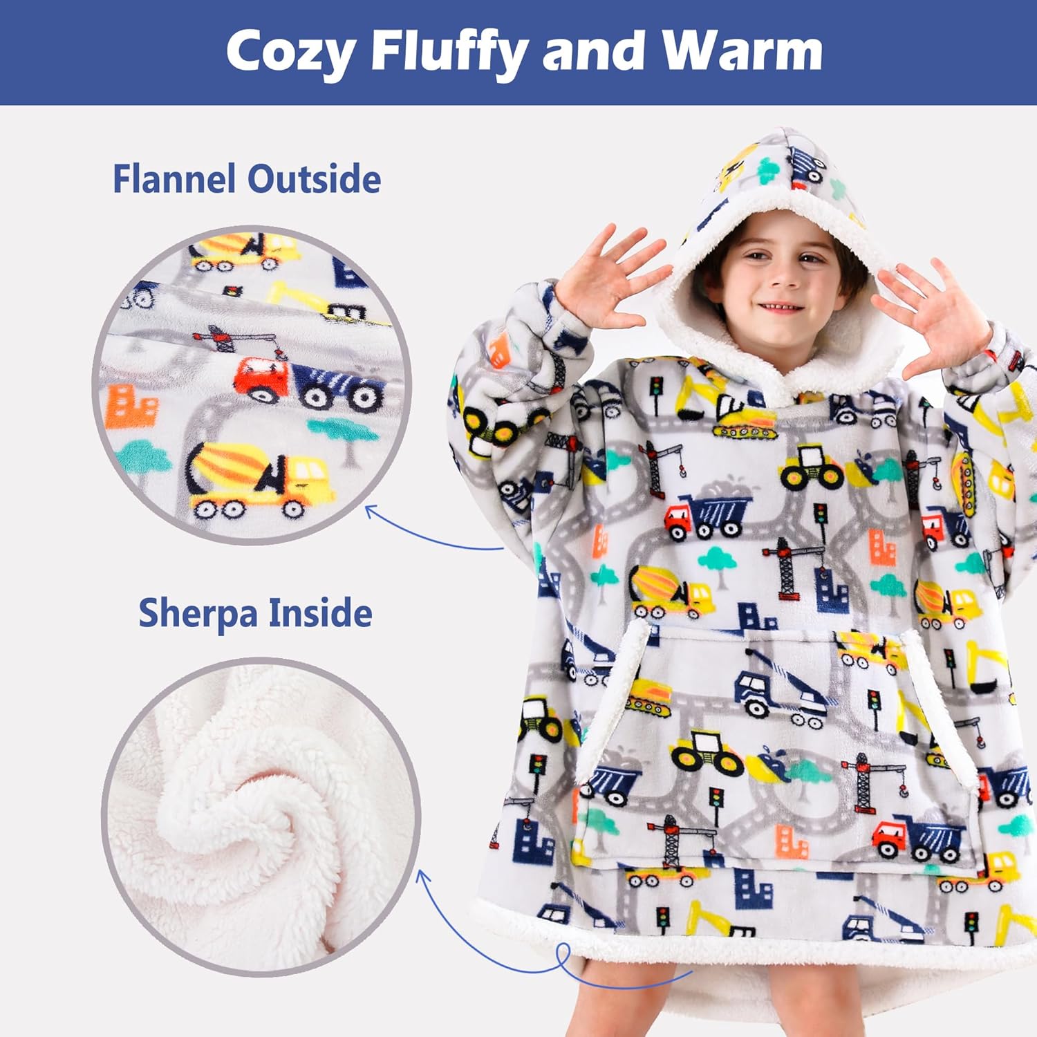 Construction Truck Wearable Blanket Hoodie for Kids