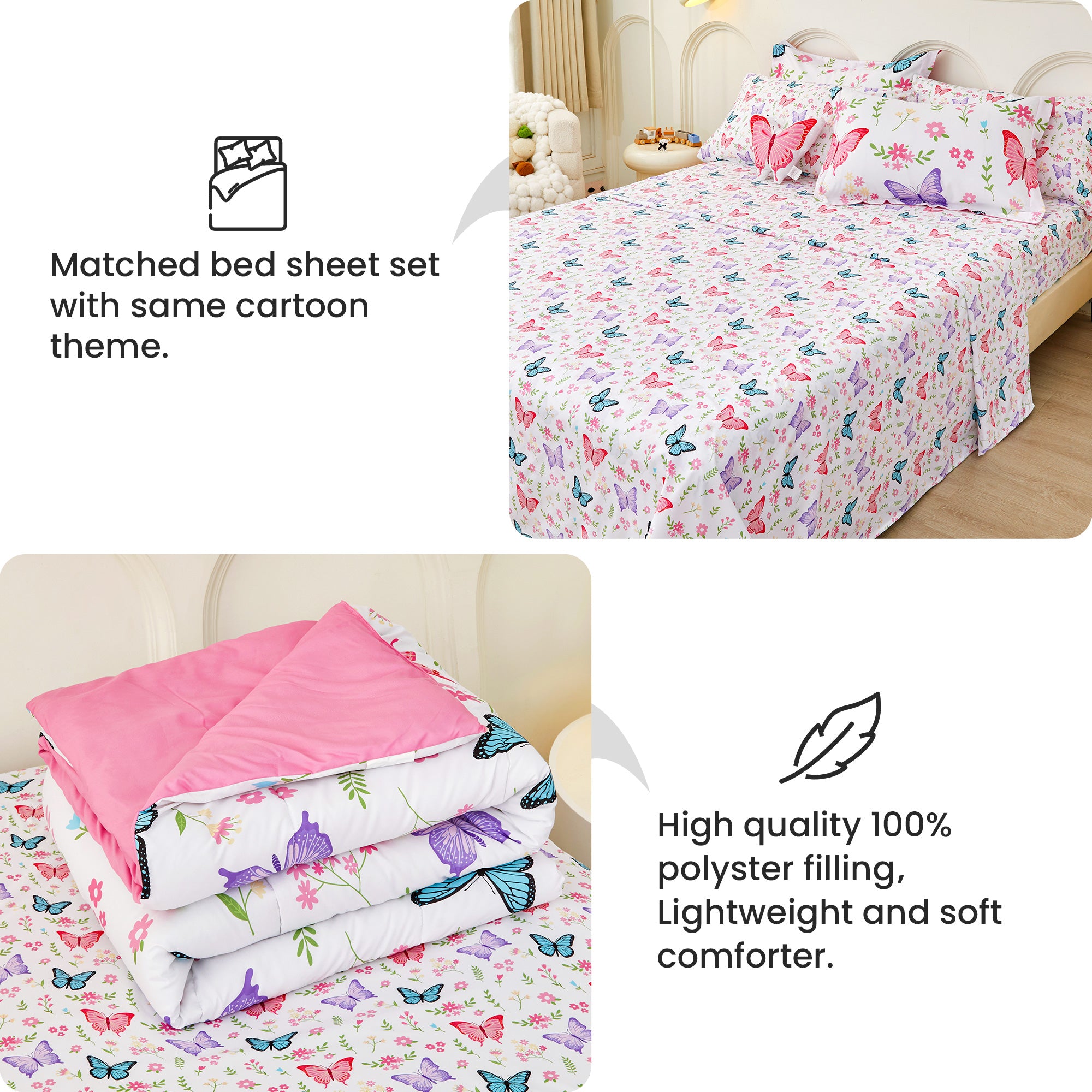 Flower Butterfly Comforter Sets for Kids– 6 or 8 Piece Options