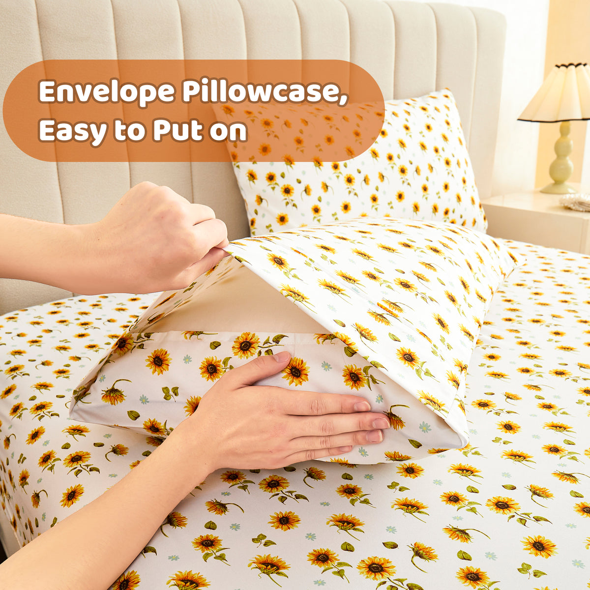 Sunflower Patterned Bed Sheet Set with Non-Slip Straps