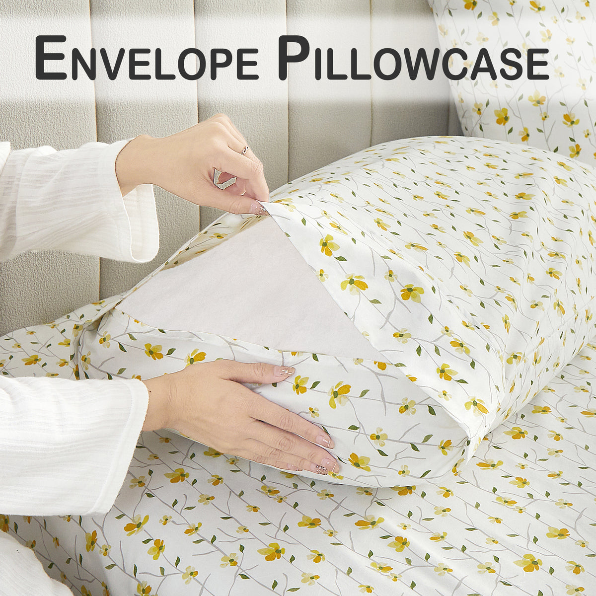 Product photo showing the envelope opening of the matching wildflower pillowcase