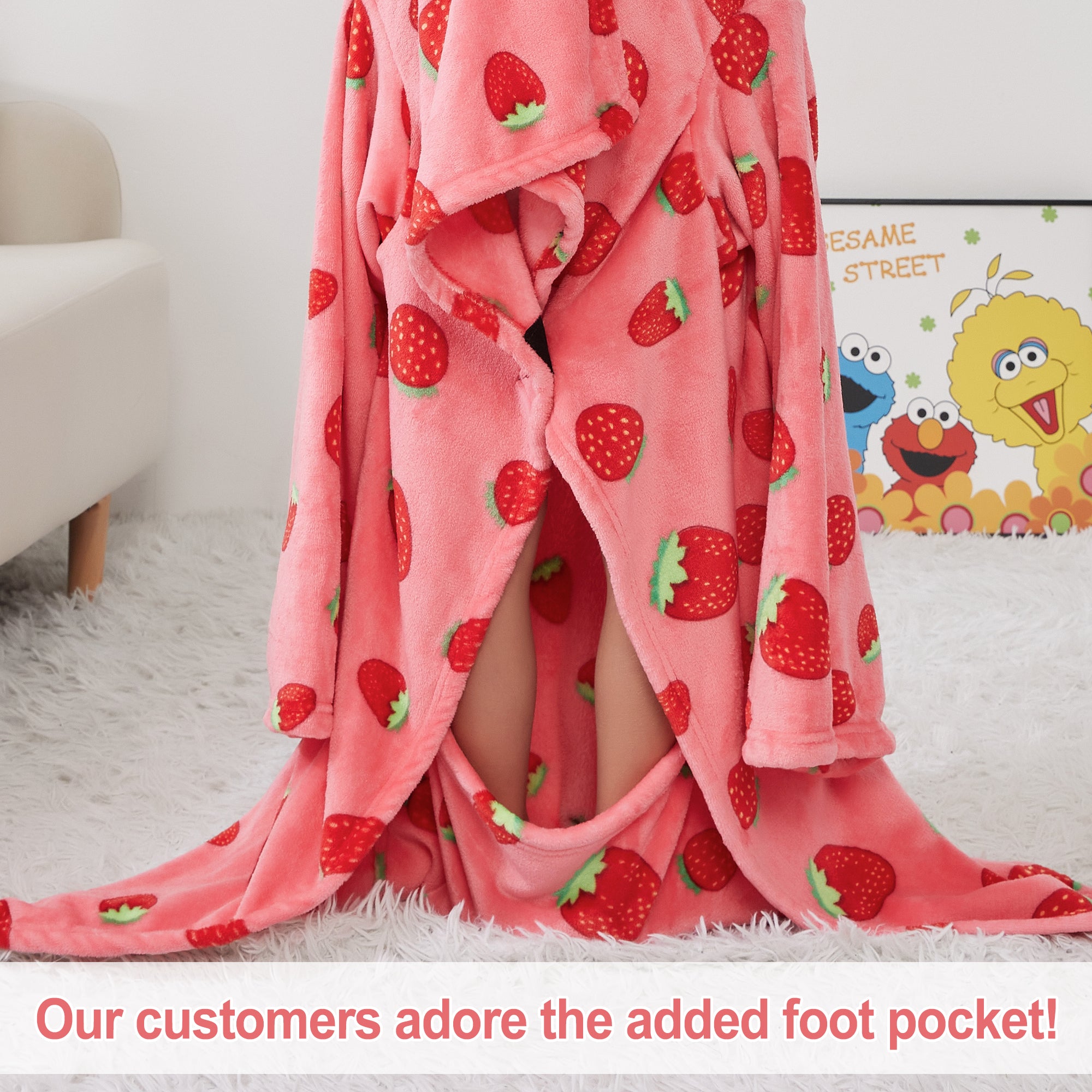 Strawberry Wearable Fleece Blanket with Sleeves & Foot Pocket for Kids