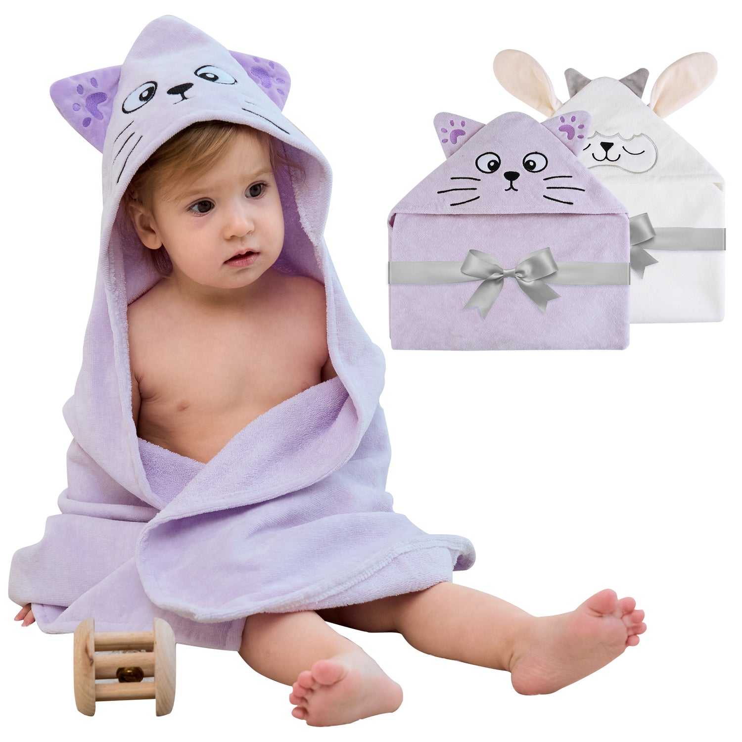 (Sheep & Purple Cat) 2 Pack Cotton Hooded Baby Towels, Extra Thick and Absorbent, 32" * 32"