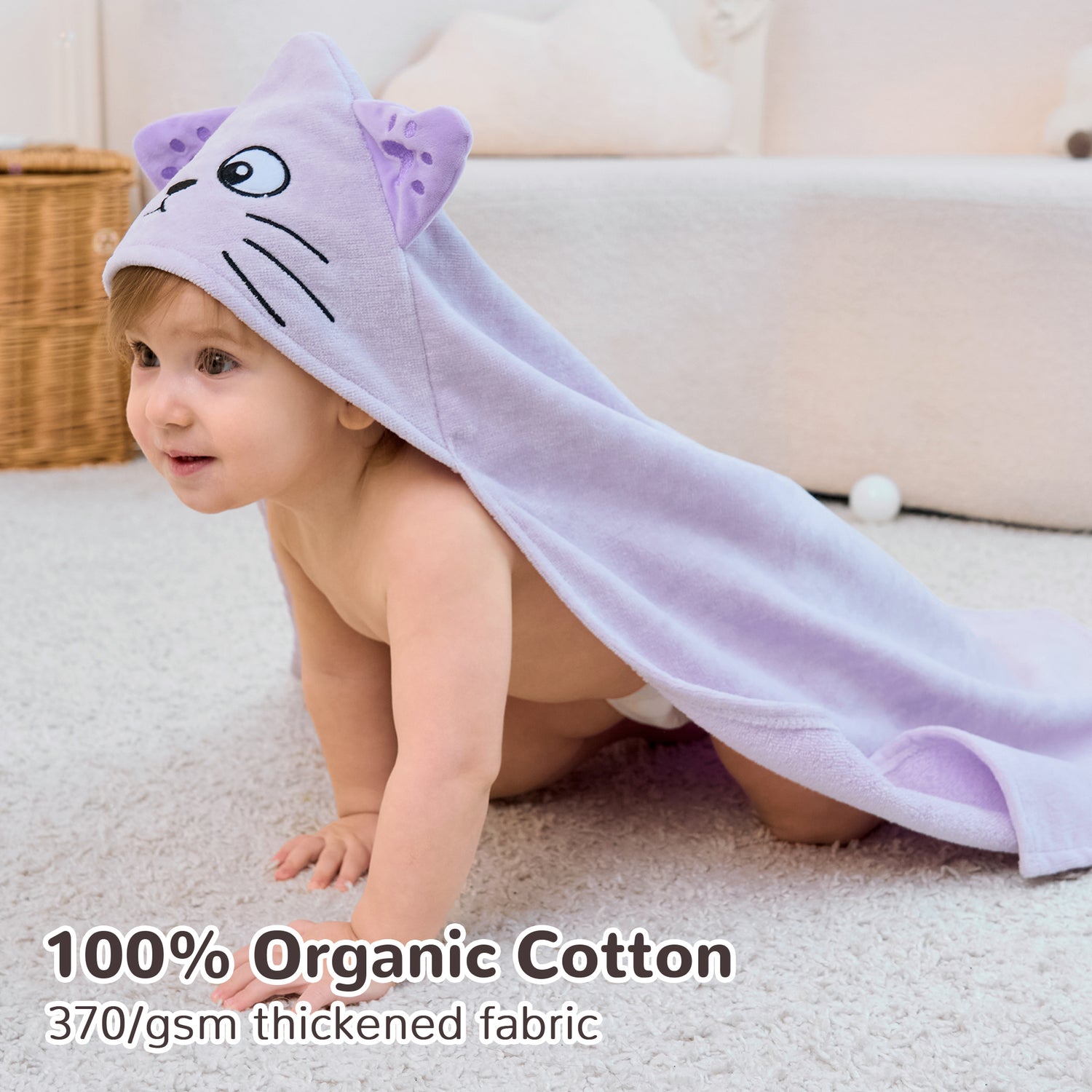 (Sheep & Purple Cat) 2 Pack Cotton Hooded Baby Towels, Extra Thick and Absorbent, 32" * 32"