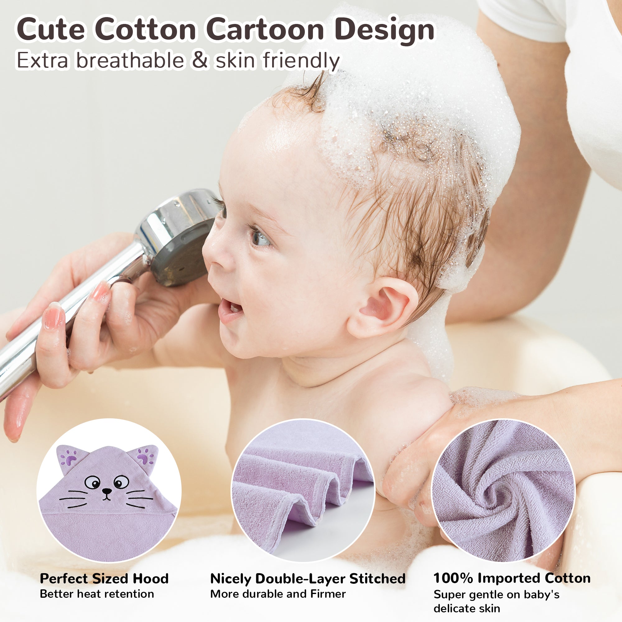 (Sheep & Purple Cat) 2 Pack Cotton Hooded Baby Towels, Extra Thick and Absorbent, 32" * 32"