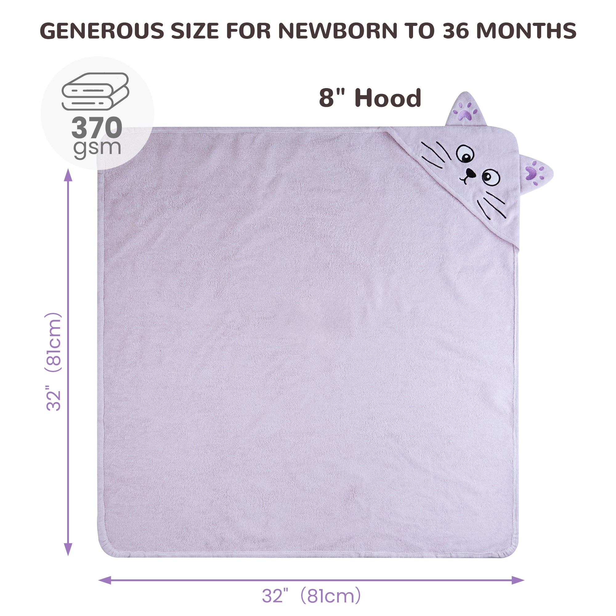 (Sheep & Purple Cat) 2 Pack Cotton Hooded Baby Towels, Extra Thick and Absorbent, 32" * 32"