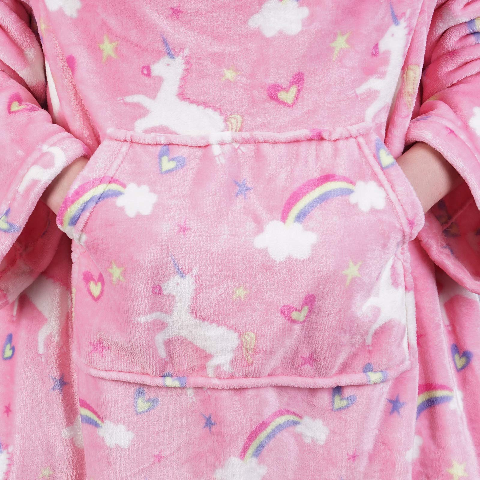 Unicorn Wearable Fleece Blanket with Sleeves & Foot Pocket for Kids