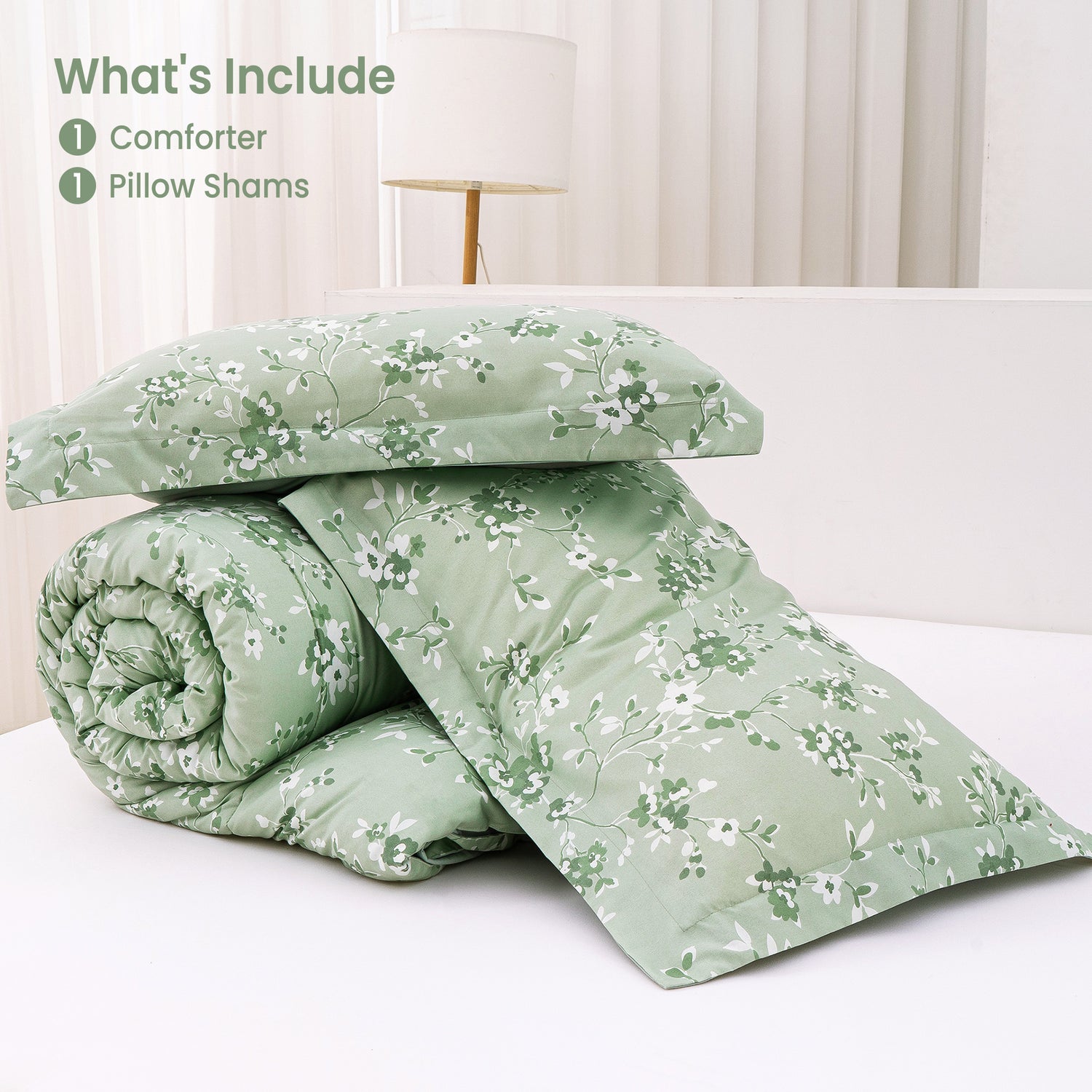 Green White Flower 3 Pieces Comforter Sets with Pillow Shams