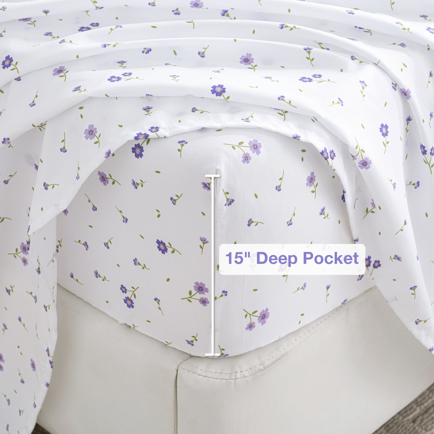 Dainty Purple Floral  Pattern  Bed Sheet Set with Non-slip Straps
