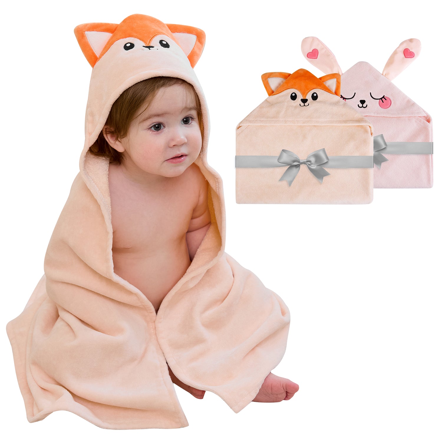 (Fox & Rabbit) 2 Pack Cotton Hooded Baby Towels, Extra Thick and Absorbent, 32" * 32"