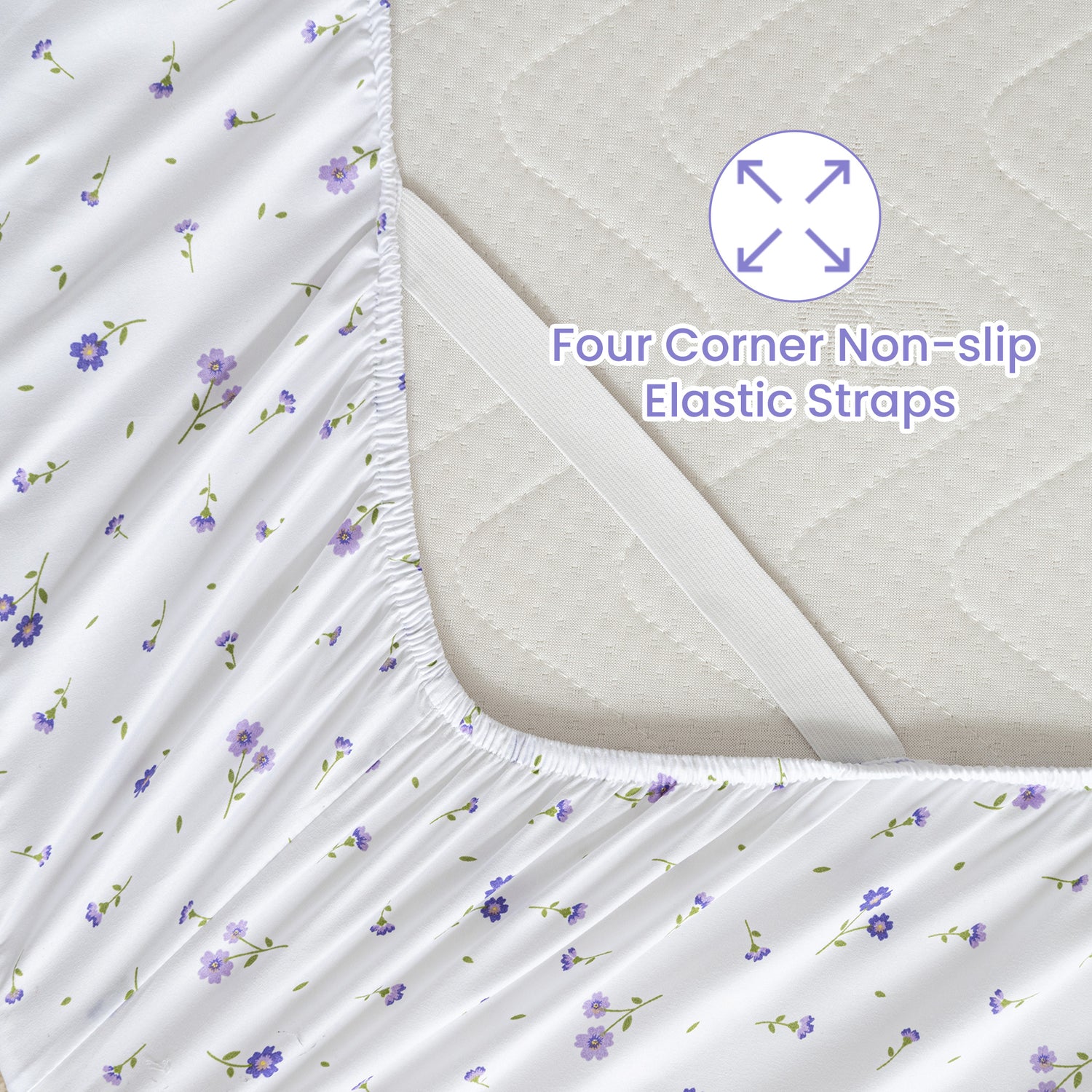 Dainty Purple Floral  Pattern  Bed Sheet Set with Non-slip Straps